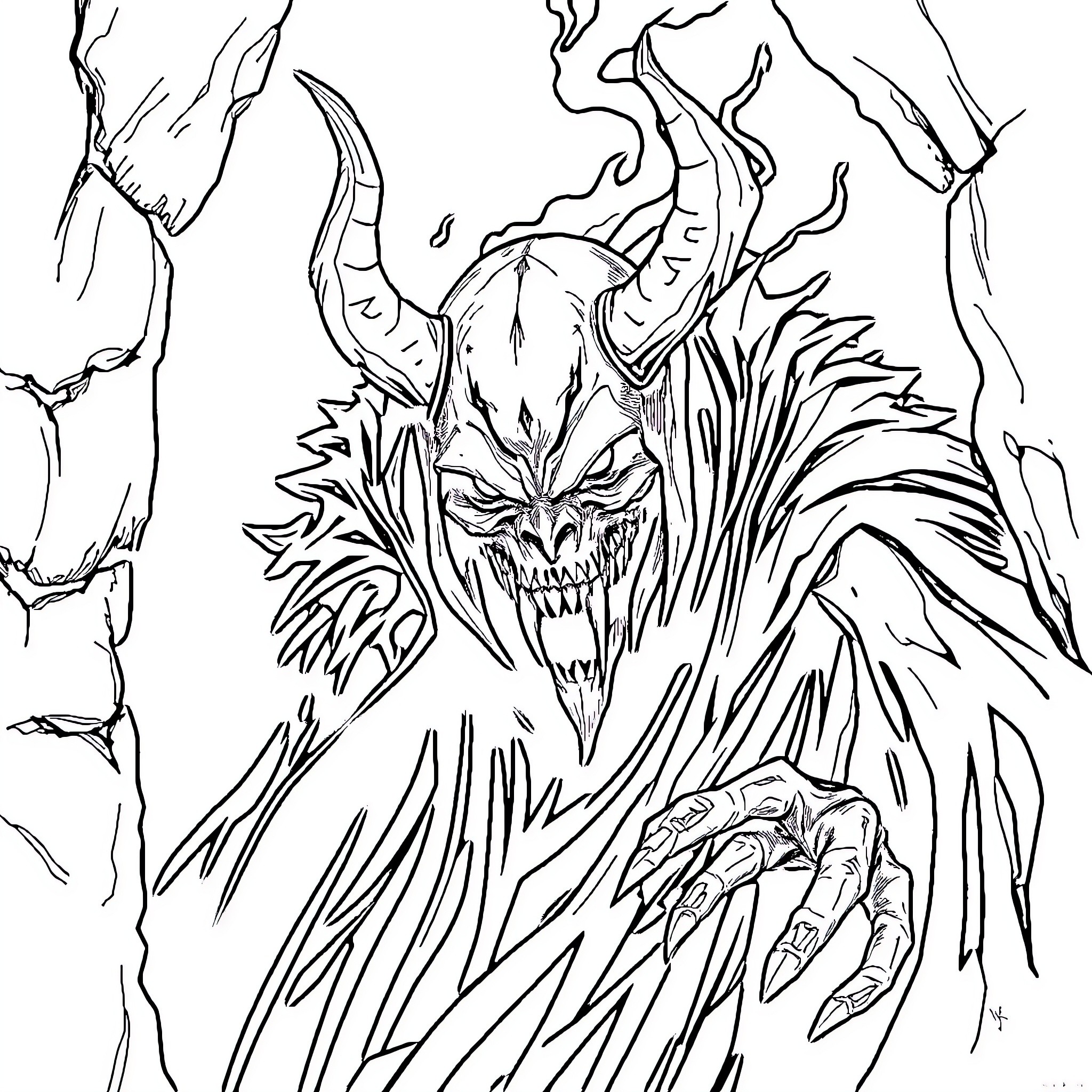 Scourge of the Monstrous Entity Coloring Page (free black-and-white line drawing printable PDF for all, from beginners to advanced learners, including children, teens, adults, and seniors)