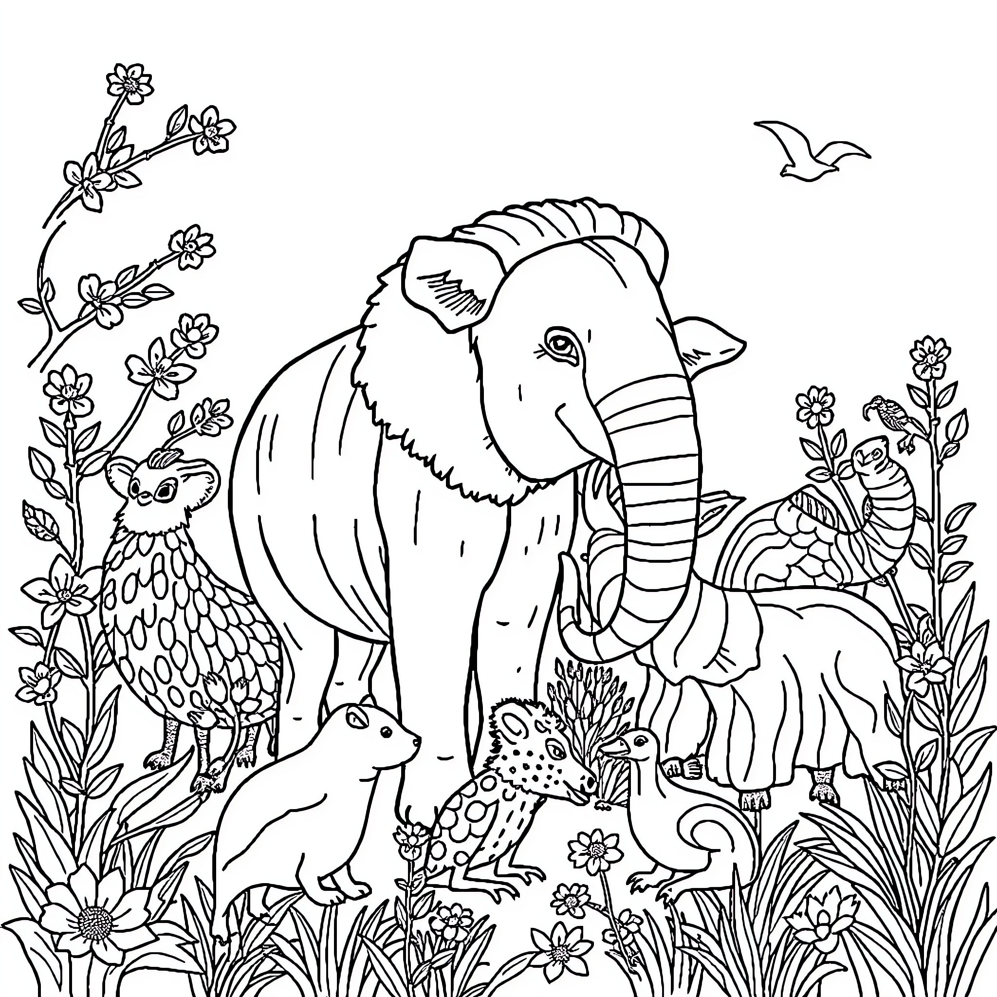 Animal wildlife scene with elephant and other creatures Coloring Page (free black-and-white line drawing printable PDF for all, from beginners to advanced learners, including children, teens, adults, and seniors)