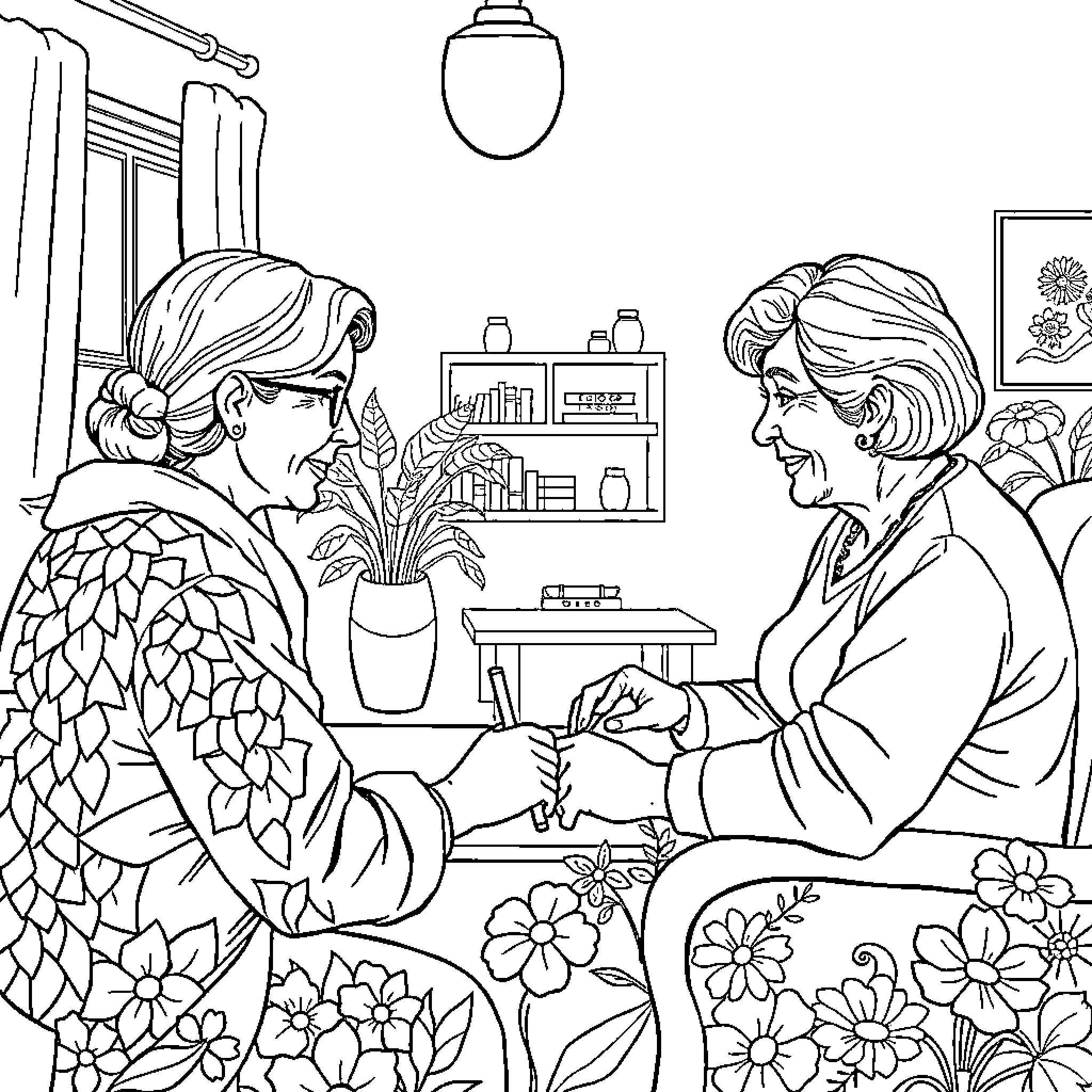 Therapist Provides Empathetic Support in Cozy Office Coloring Page (free black-and-white line drawing printable PDF for all, from beginners to advanced learners, including children, teens, adults, and seniors)