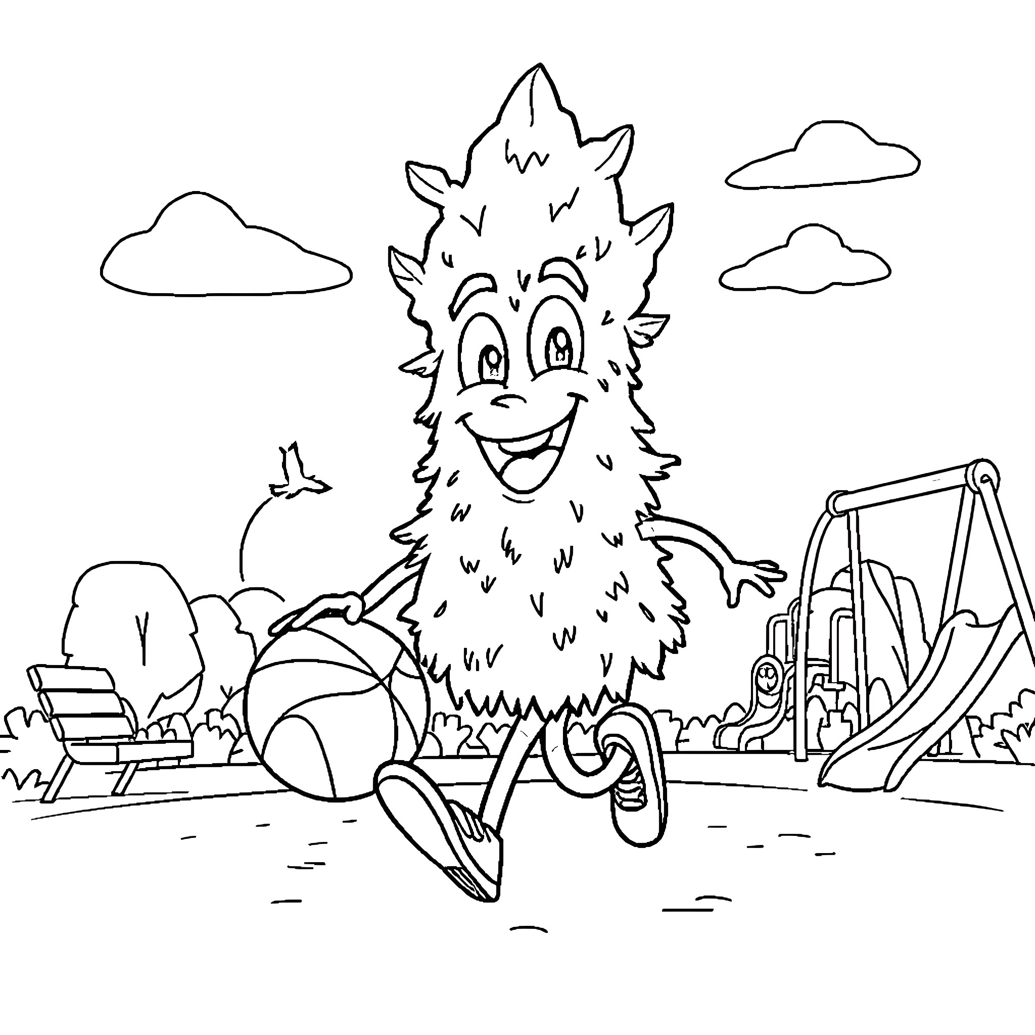 Tree creature playing happily on playground Coloring Page (free black-and-white line drawing printable PDF for all, from beginners to advanced learners, including children, teens, adults, and seniors)