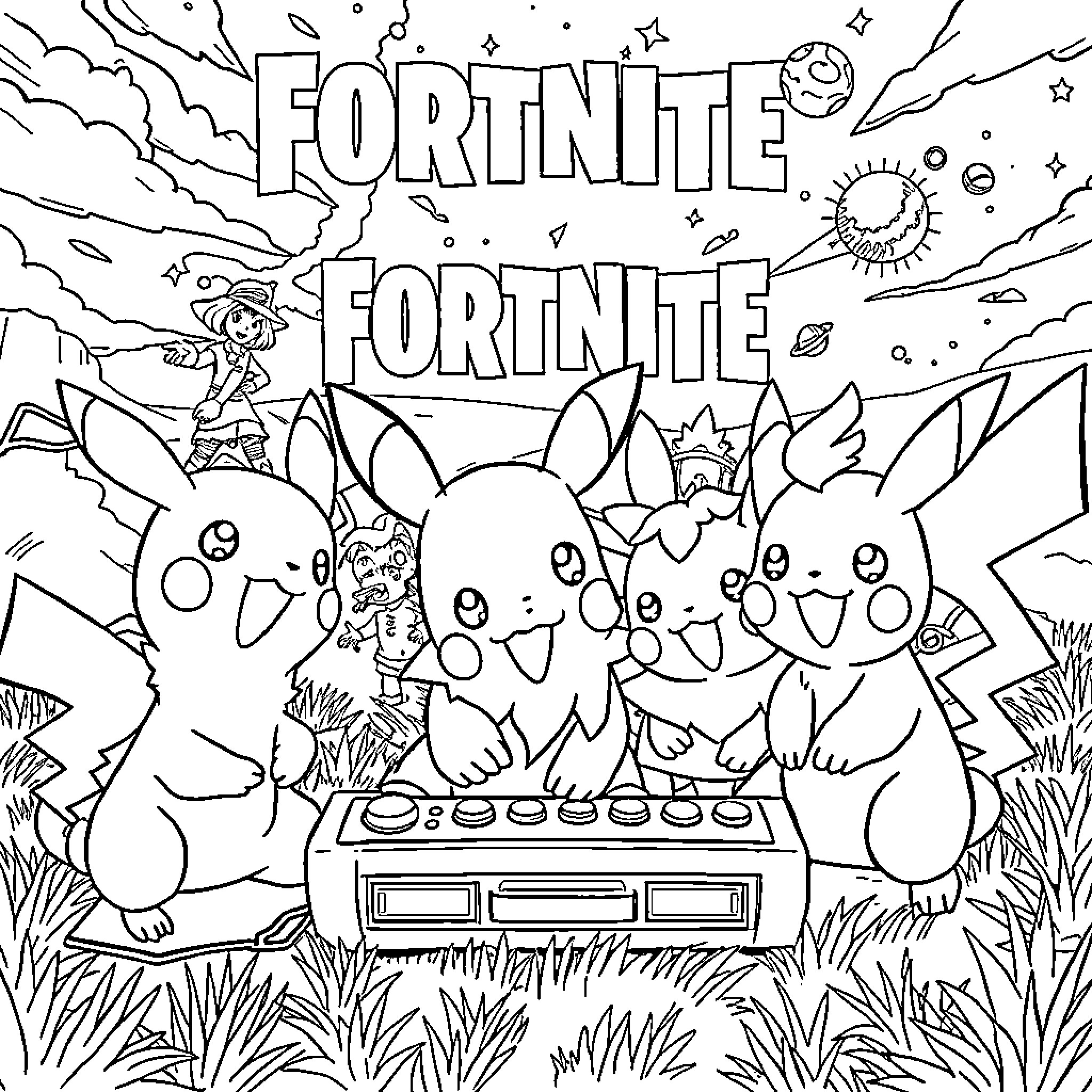 Pokémon characters playing Fortnite video game Coloring Page (free black-and-white line drawing printable PDF for all, from beginners to advanced learners, including children, teens, adults, and seniors)