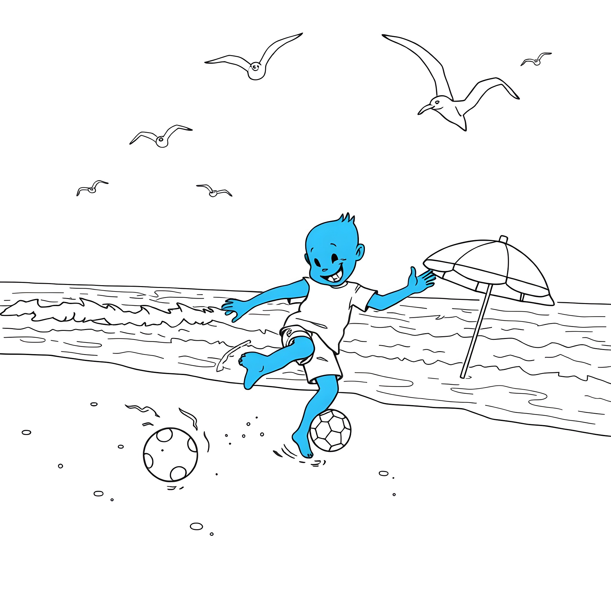Bluey playing with a soccer ball on the beach Coloring Page (free black-and-white line drawing printable PDF for all, from beginners to advanced learners, including children, teens, adults, and seniors)