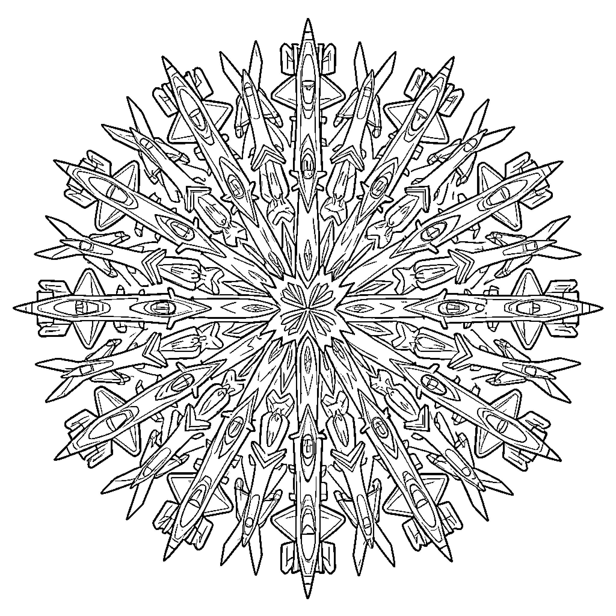 Airplane Explosion of Geometric Shapes Coloring Page (free black-and-white line drawing printable PDF for all, from beginners to advanced learners, including children, teens, adults, and seniors)