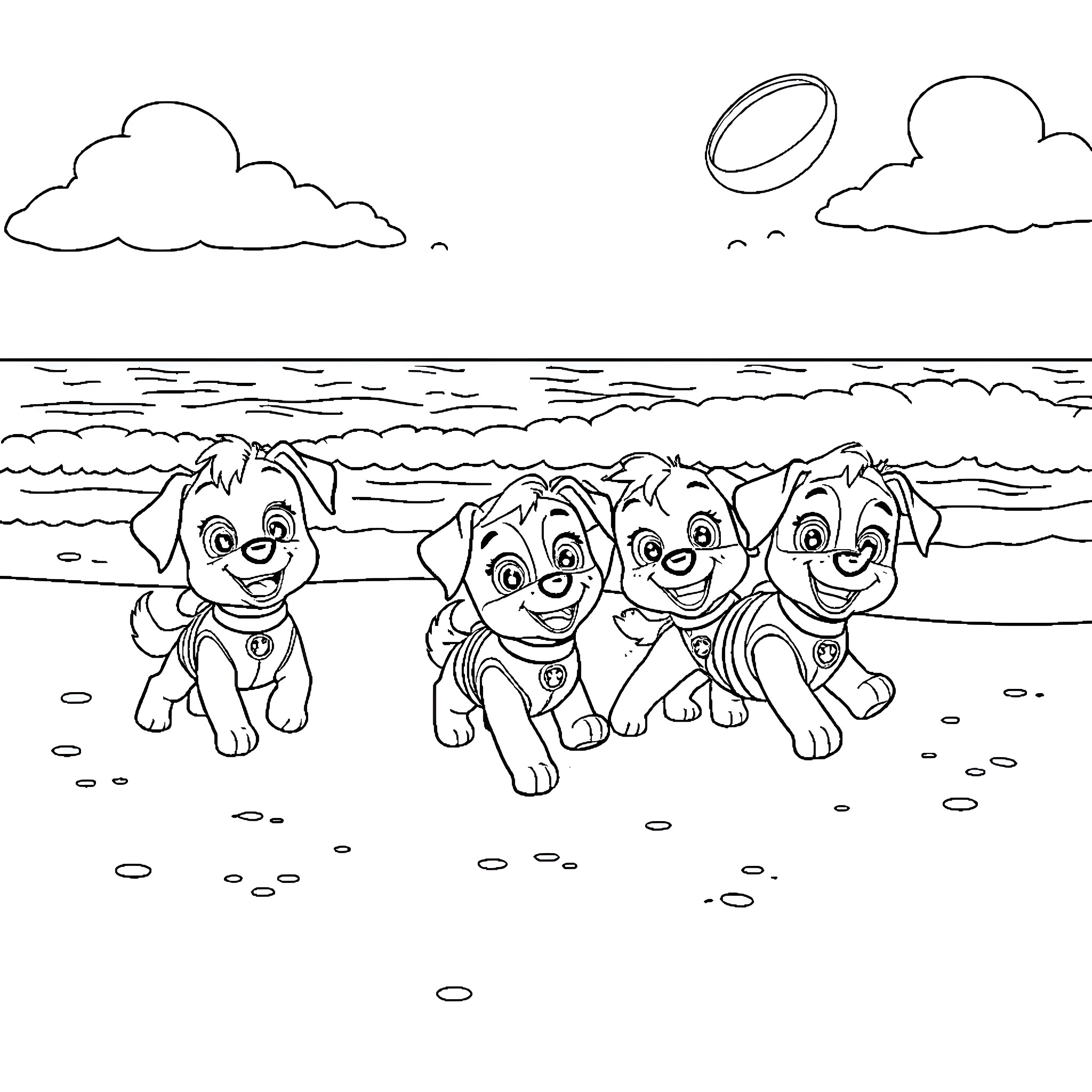Puppies playing joyfully on the beach Coloring Page (free black-and-white line drawing printable PDF for all, from beginners to advanced learners, including children, teens, adults, and seniors)