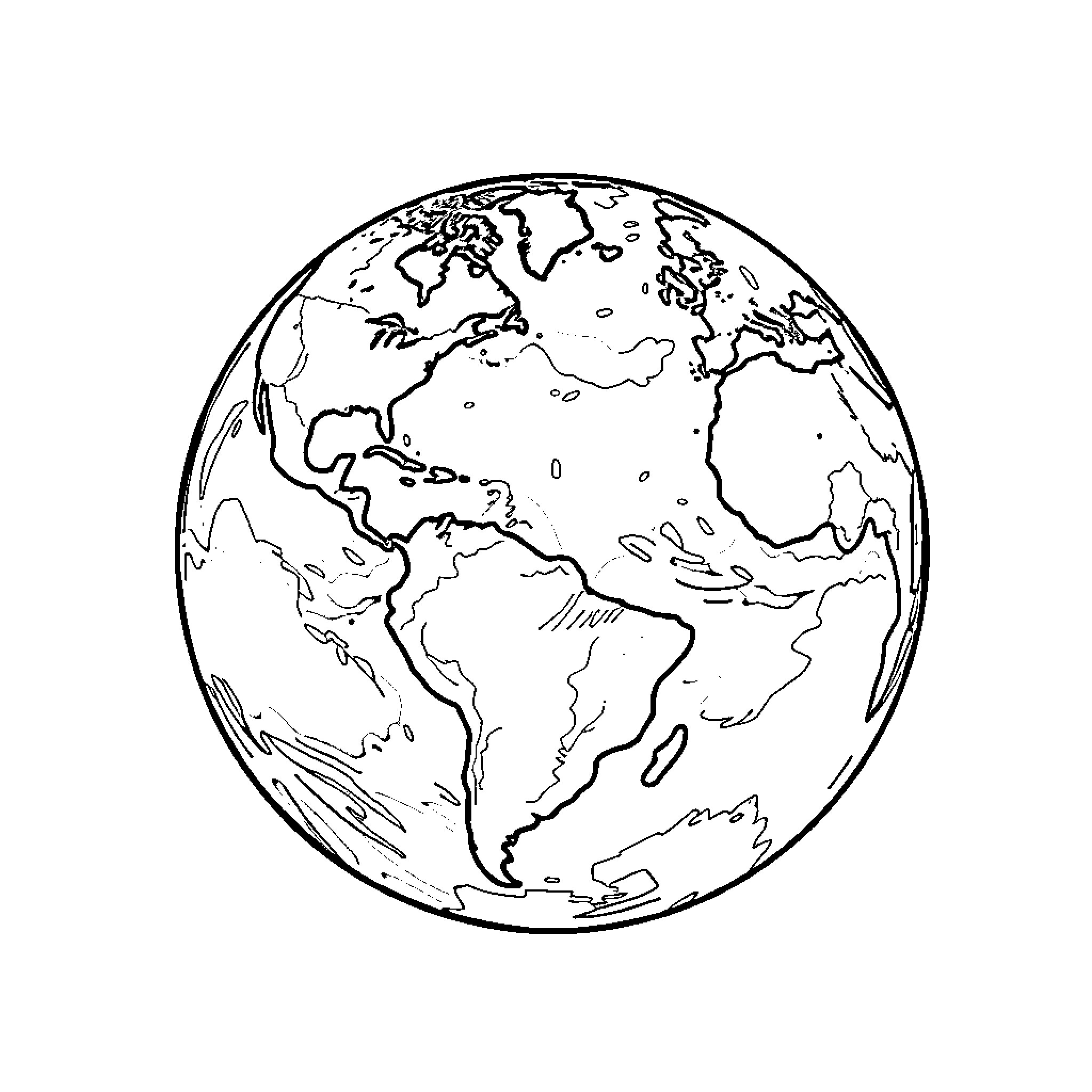 Earth depicted as a simple line drawing globe Coloring Page (free black-and-white line drawing printable PDF for all, from beginners to advanced learners, including children, teens, adults, and seniors)