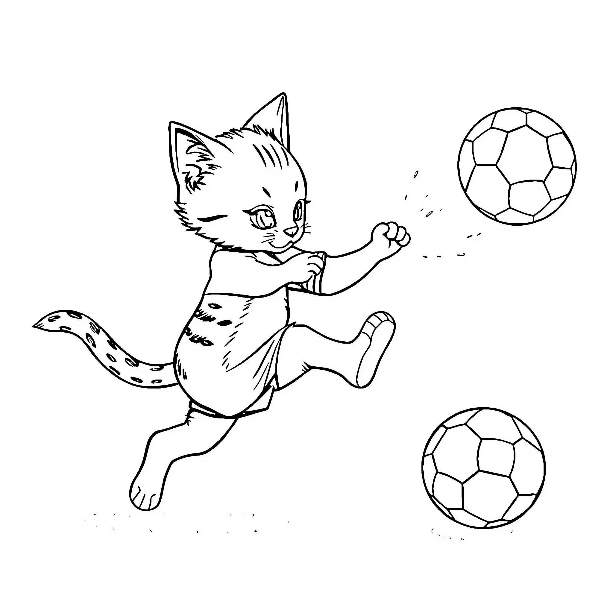 Kitten playing soccer with balls Coloring Page (free black-and-white line drawing printable PDF for all, from beginners to advanced learners, including children, teens, adults, and seniors)