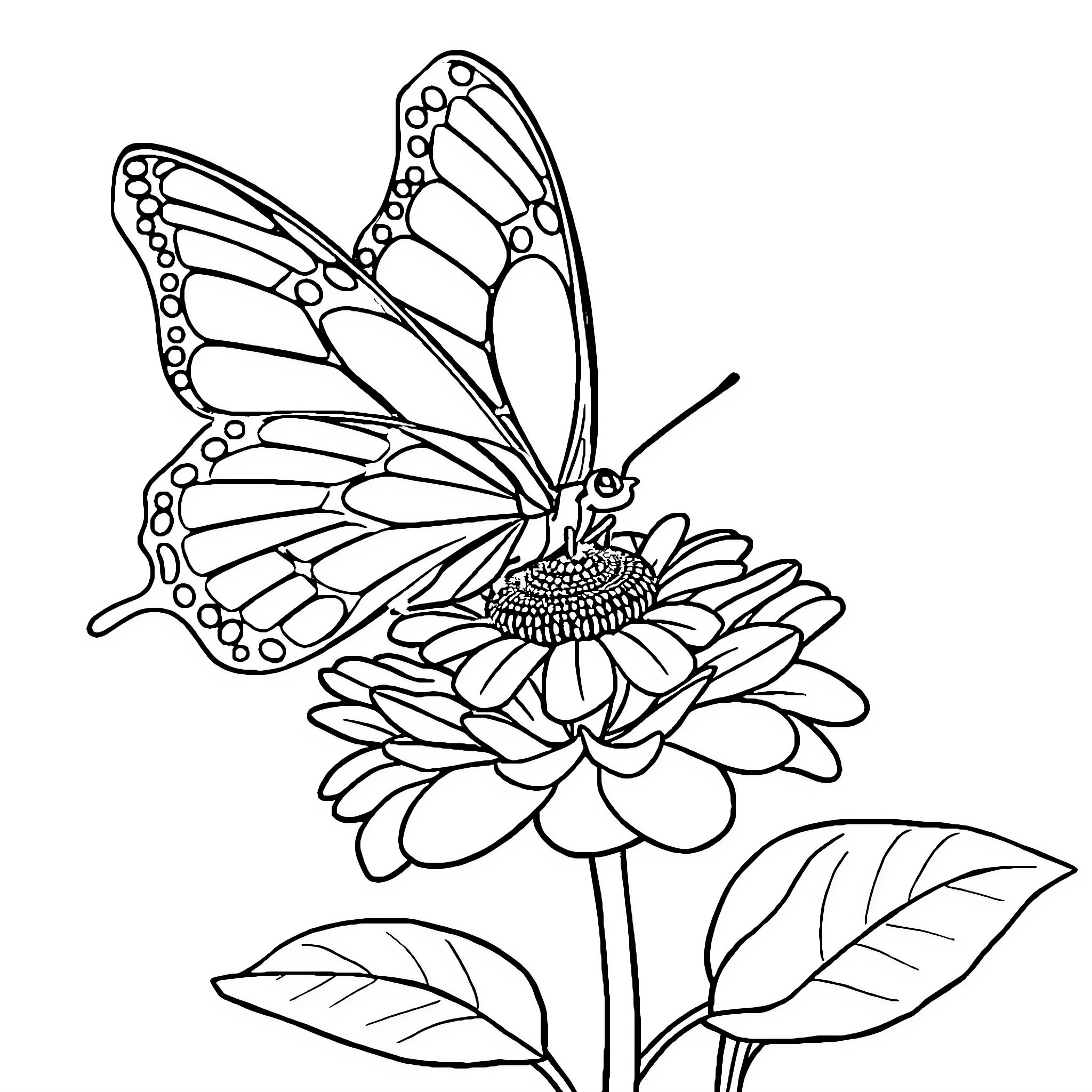 Butterfly resting on a flower Coloring Page (free black-and-white line drawing printable PDF for all, from beginners to advanced learners, including children, teens, adults, and seniors)