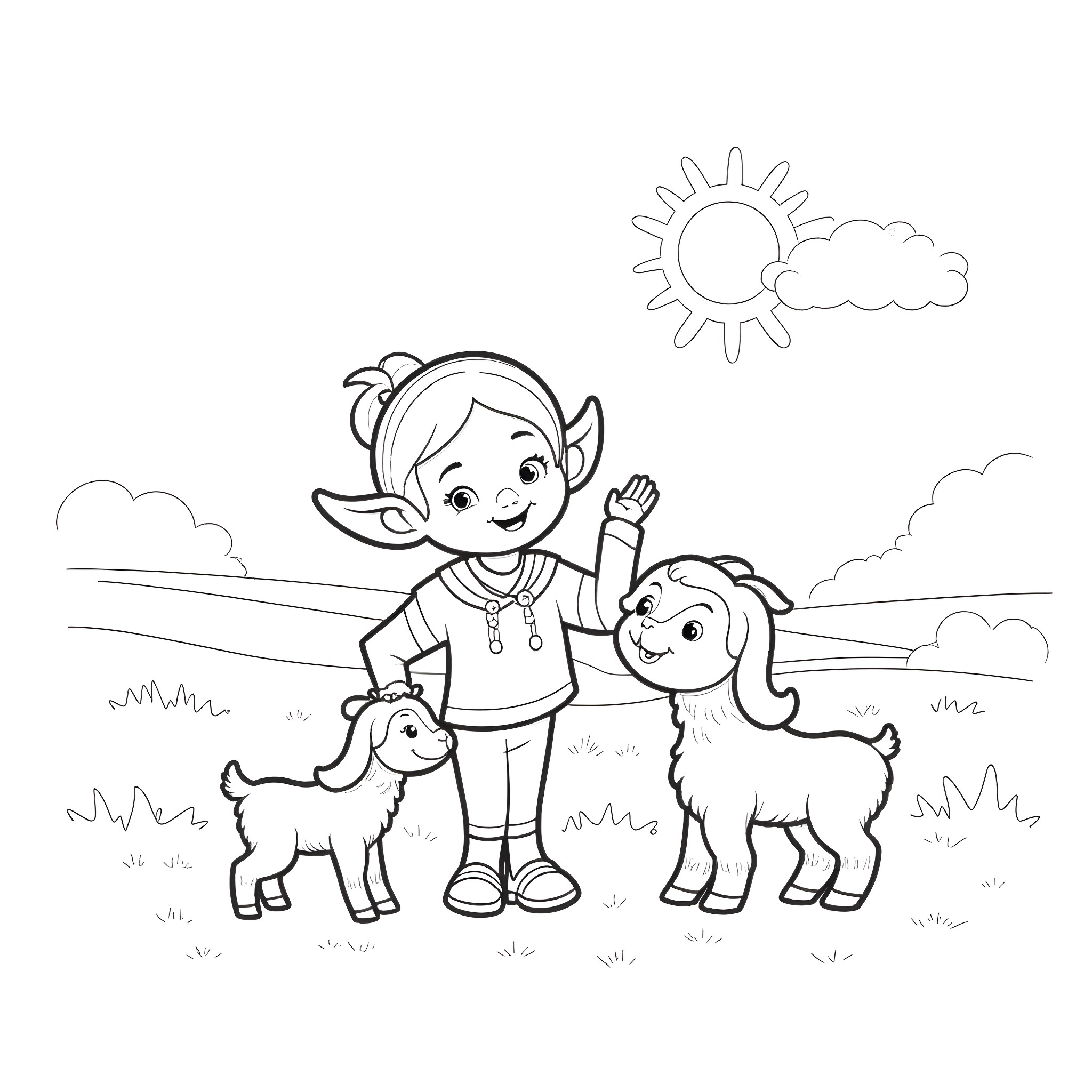 Kid playing with pet animals on a sunny day Coloring Page (free black-and-white line drawing printable PDF for all, from beginners to advanced learners, including children, teens, adults, and seniors)
