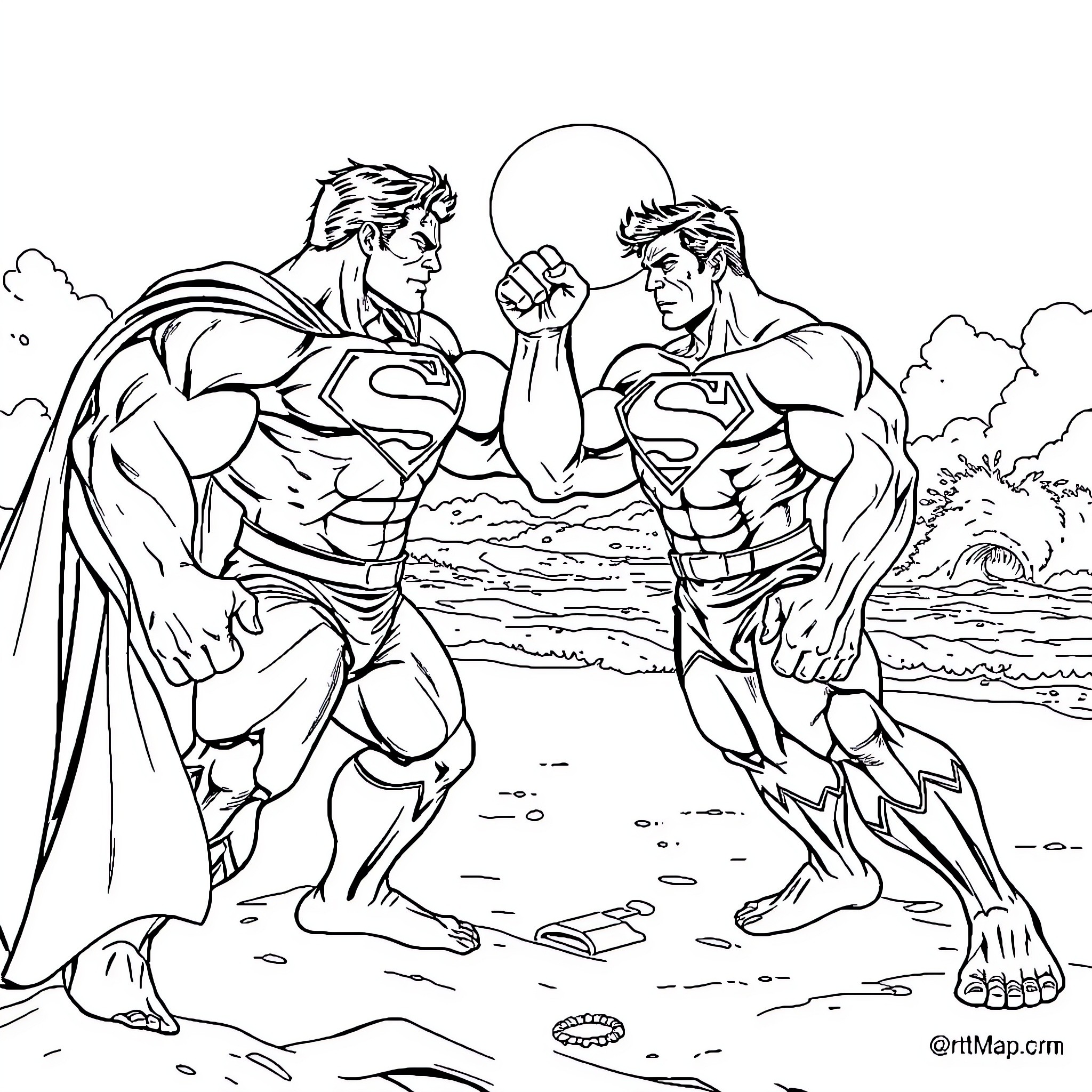 Superman's Strength Contest with Muscular Superhero Coloring Page (free black-and-white line drawing printable PDF for all, from beginners to advanced learners, including children, teens, adults, and seniors)