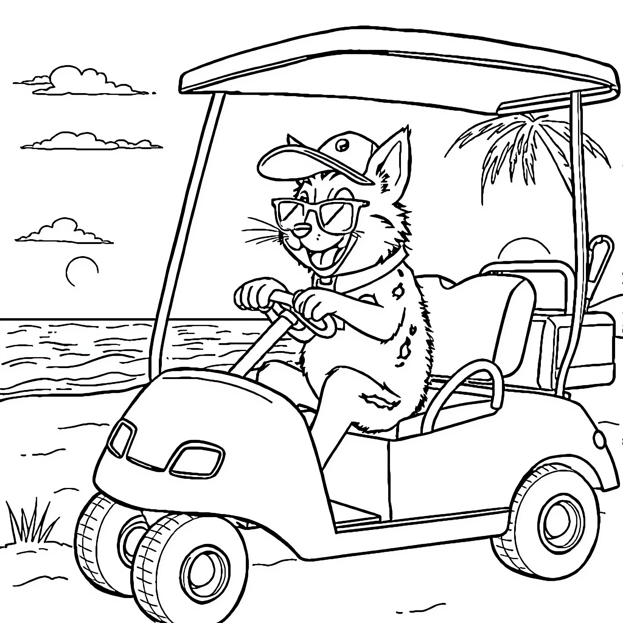 Catdog driving golf cart on the beach Coloring Page (free black-and-white line drawing printable PDF for all, from beginners to advanced learners, including children, teens, adults, and seniors)