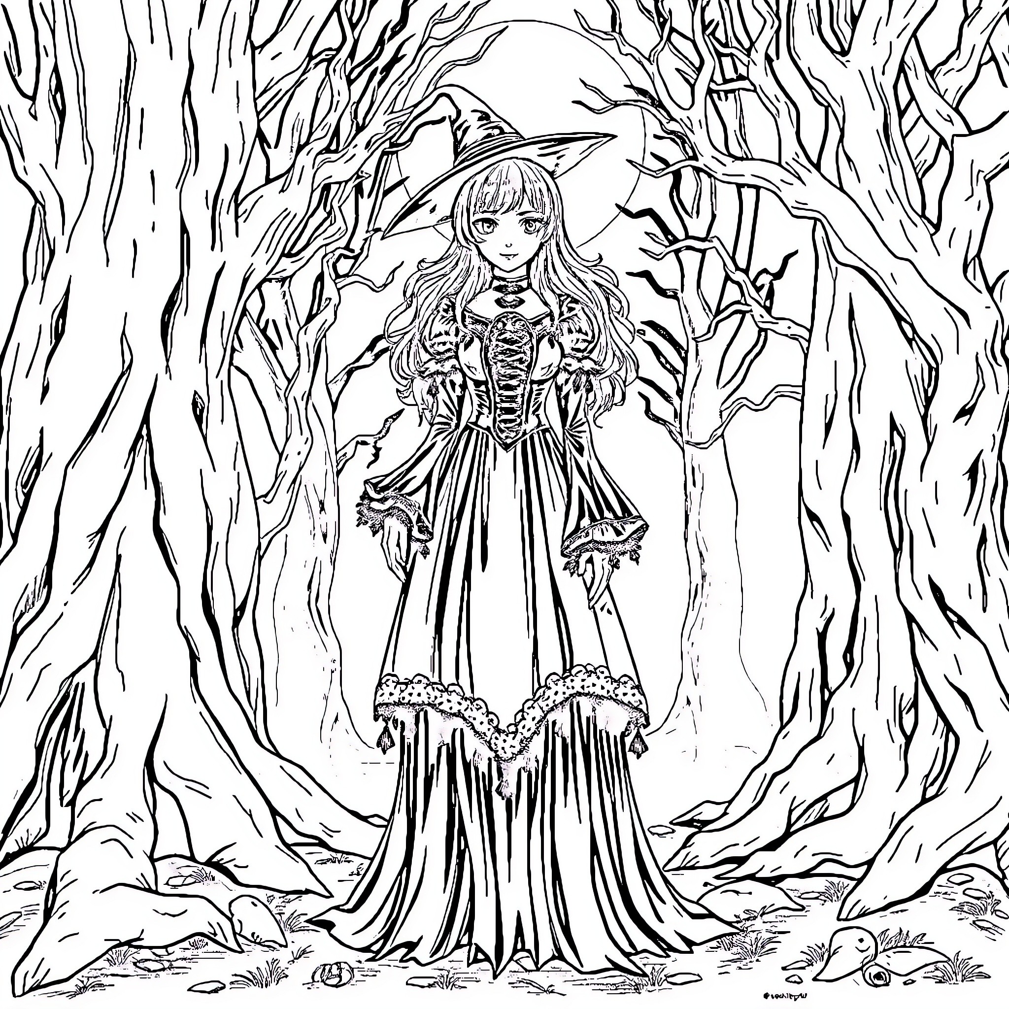 Snow White in a Magical Forest Coloring Page (free black-and-white line drawing printable PDF for all, from beginners to advanced learners, including children, teens, adults, and seniors)
