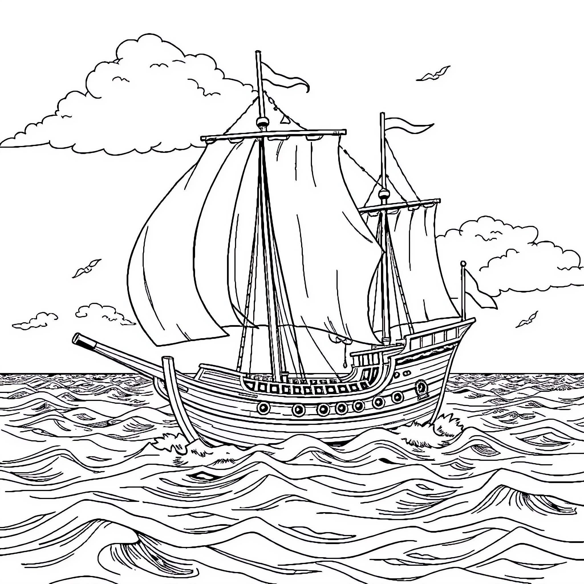 Pirate Boat Sailing on Turbulent Waves Coloring Page (free black-and-white line drawing printable PDF for all, from beginners to advanced learners, including children, teens, adults, and seniors)
