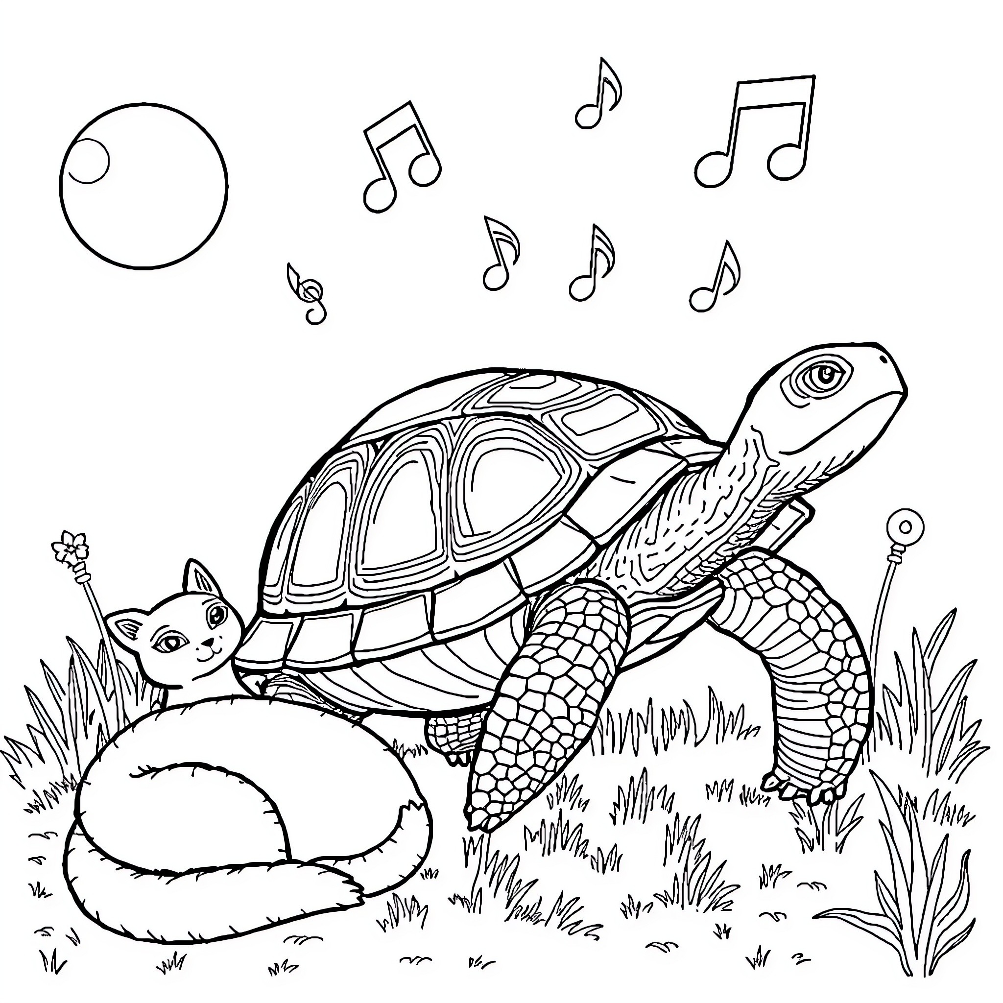 Turtle playing music in the grass Coloring Page (free black-and-white line drawing printable PDF for all, from beginners to advanced learners, including children, teens, adults, and seniors)