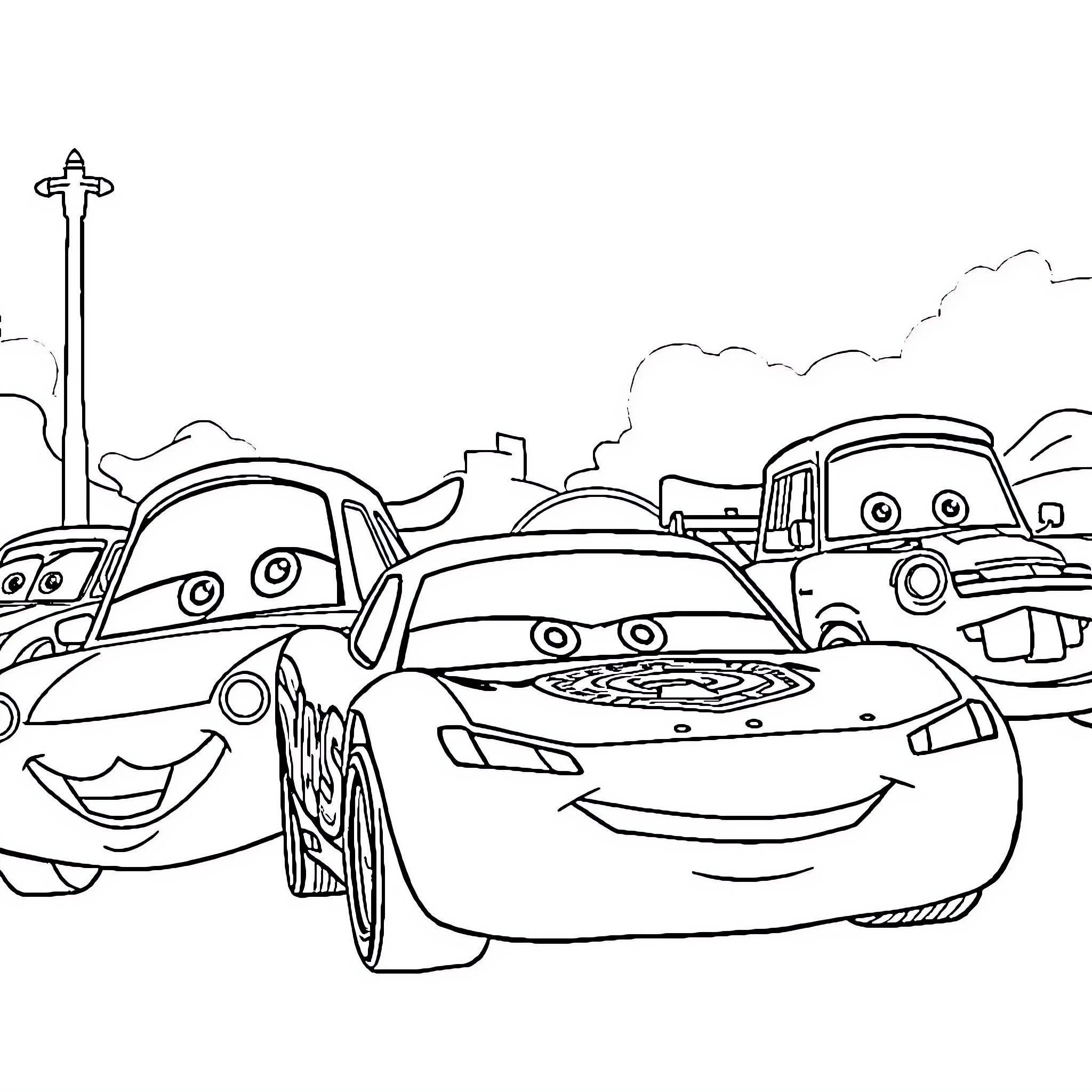 Car characters in animated town setting Coloring Page (free black-and-white line drawing printable PDF for all, from beginners to advanced learners, including children, teens, adults, and seniors)