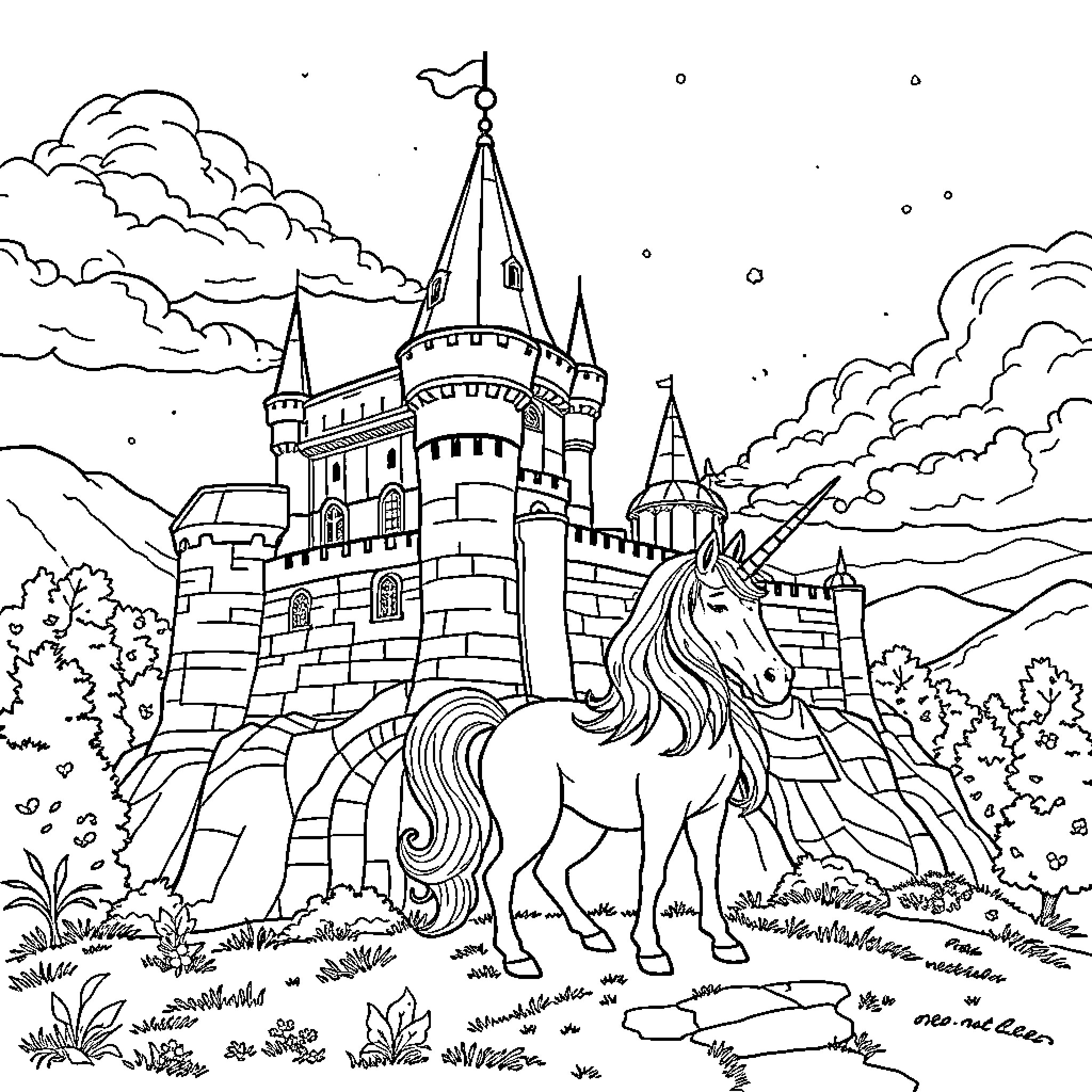 Unicorn near the enchanting castle in the forest Coloring Page (free black-and-white line drawing printable PDF for all, from beginners to advanced learners, including children, teens, adults, and seniors)