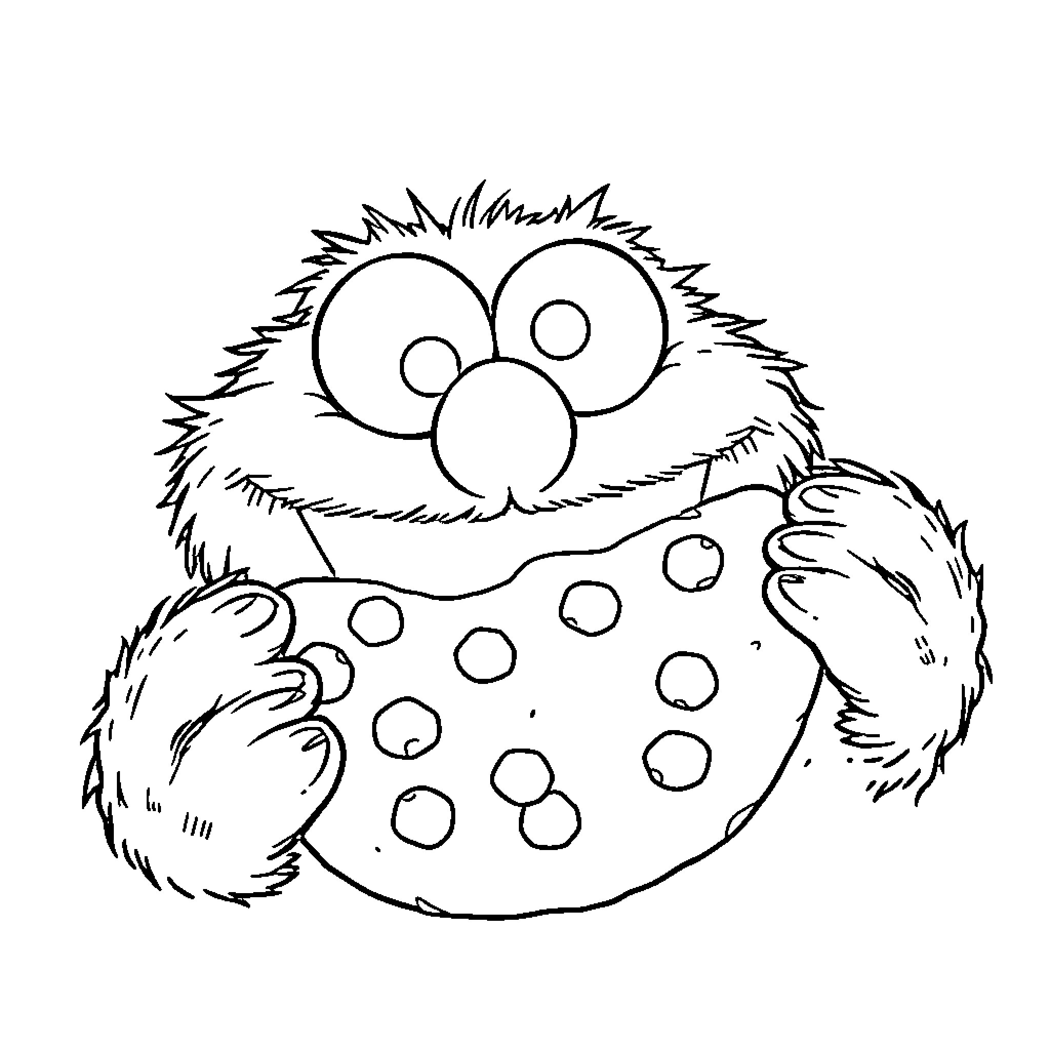 Cookie Monster enjoying a cookie with spotted pattern Coloring Page (free black-and-white line drawing printable PDF for all, from beginners to advanced learners, including children, teens, adults, and seniors)