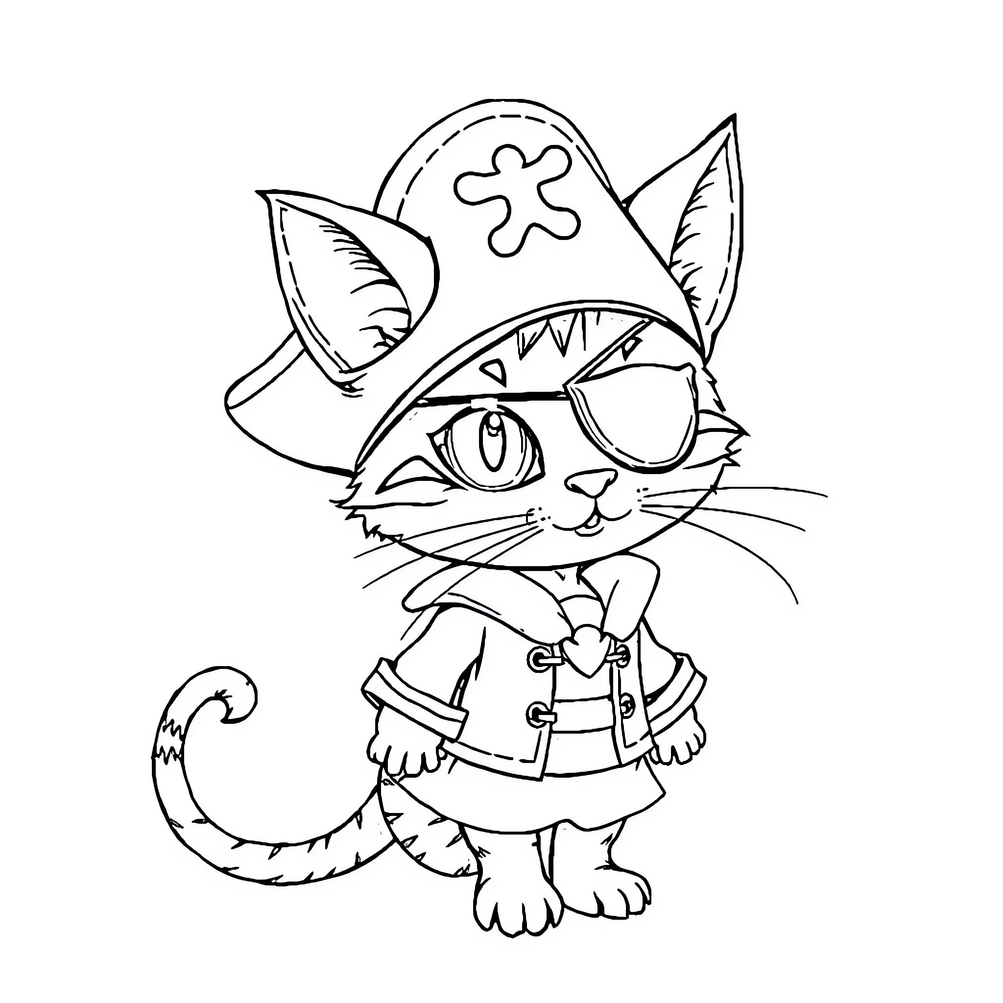 CatRat pirate in costume and glasses Coloring Page (free black-and-white line drawing printable PDF for all, from beginners to advanced learners, including children, teens, adults, and seniors)