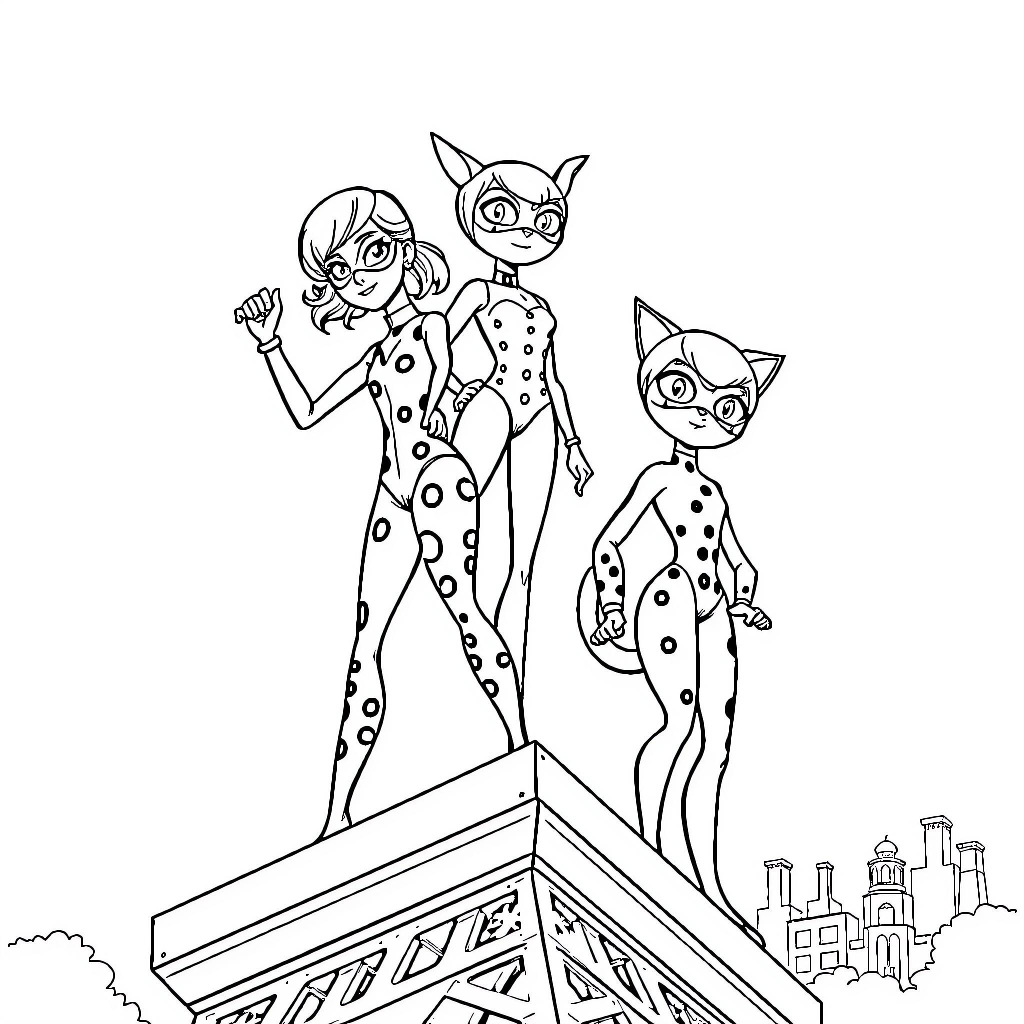 Ladybug-themed superheroes posing on city rooftops Coloring Page (free black-and-white line drawing printable PDF for all, from beginners to advanced learners, including children, teens, adults, and seniors)