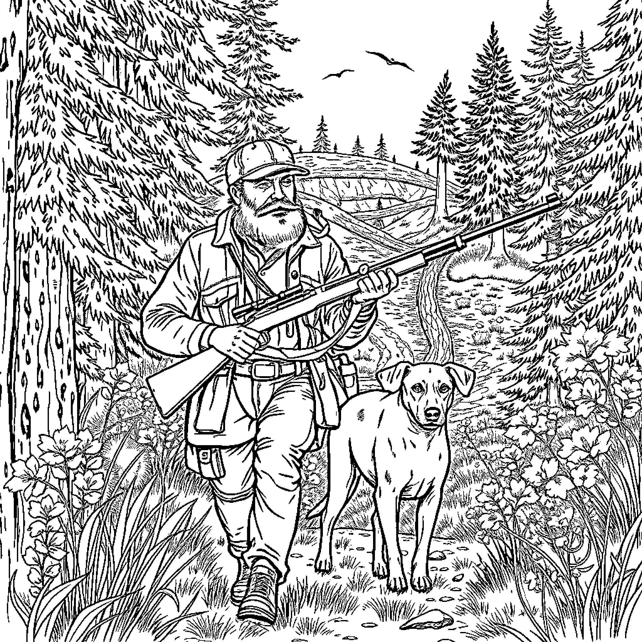 Man with Dog in Snowy Forest Coloring Page (free black-and-white line drawing printable PDF for all, from beginners to advanced learners, including children, teens, adults, and seniors)