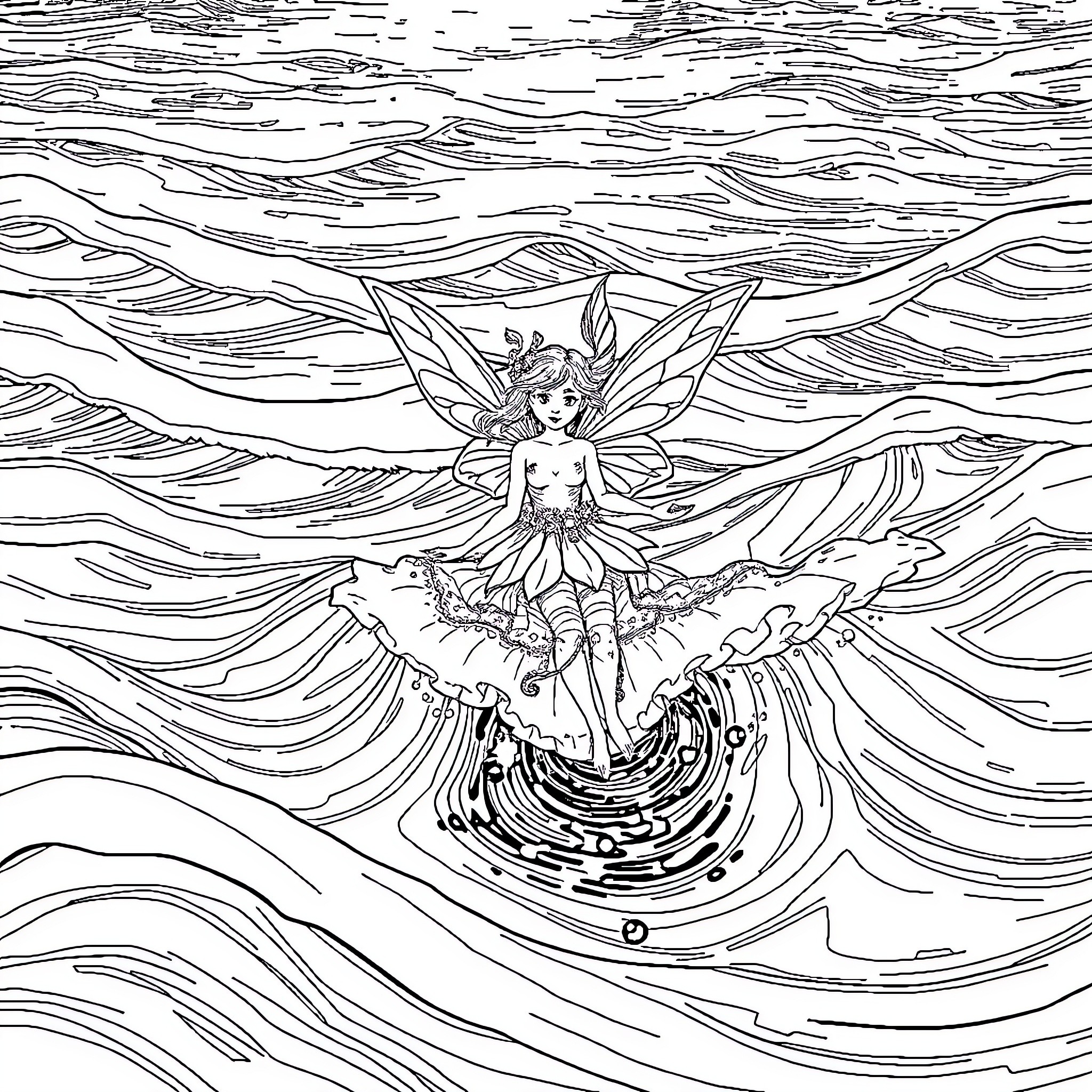Fairy dancing in the mystical waves Coloring Page (free black-and-white line drawing printable PDF for all, from beginners to advanced learners, including children, teens, adults, and seniors)