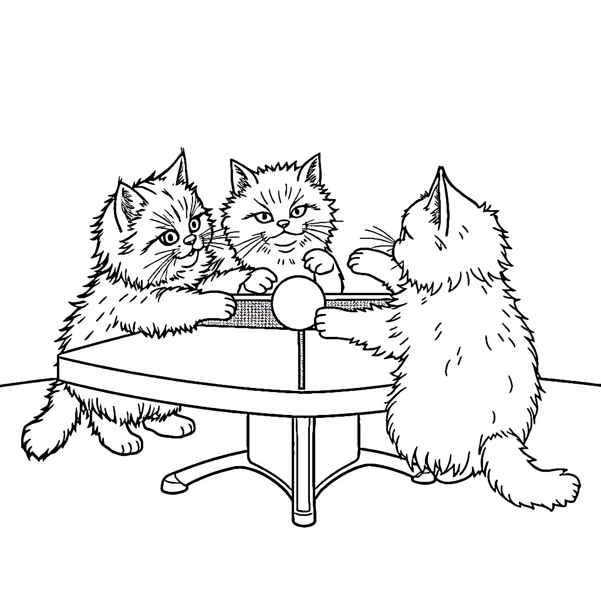 Cat Trio Playing on Office Desk Coloring Page (free black-and-white line drawing printable PDF for all, from beginners to advanced learners, including children, teens, adults, and seniors)
