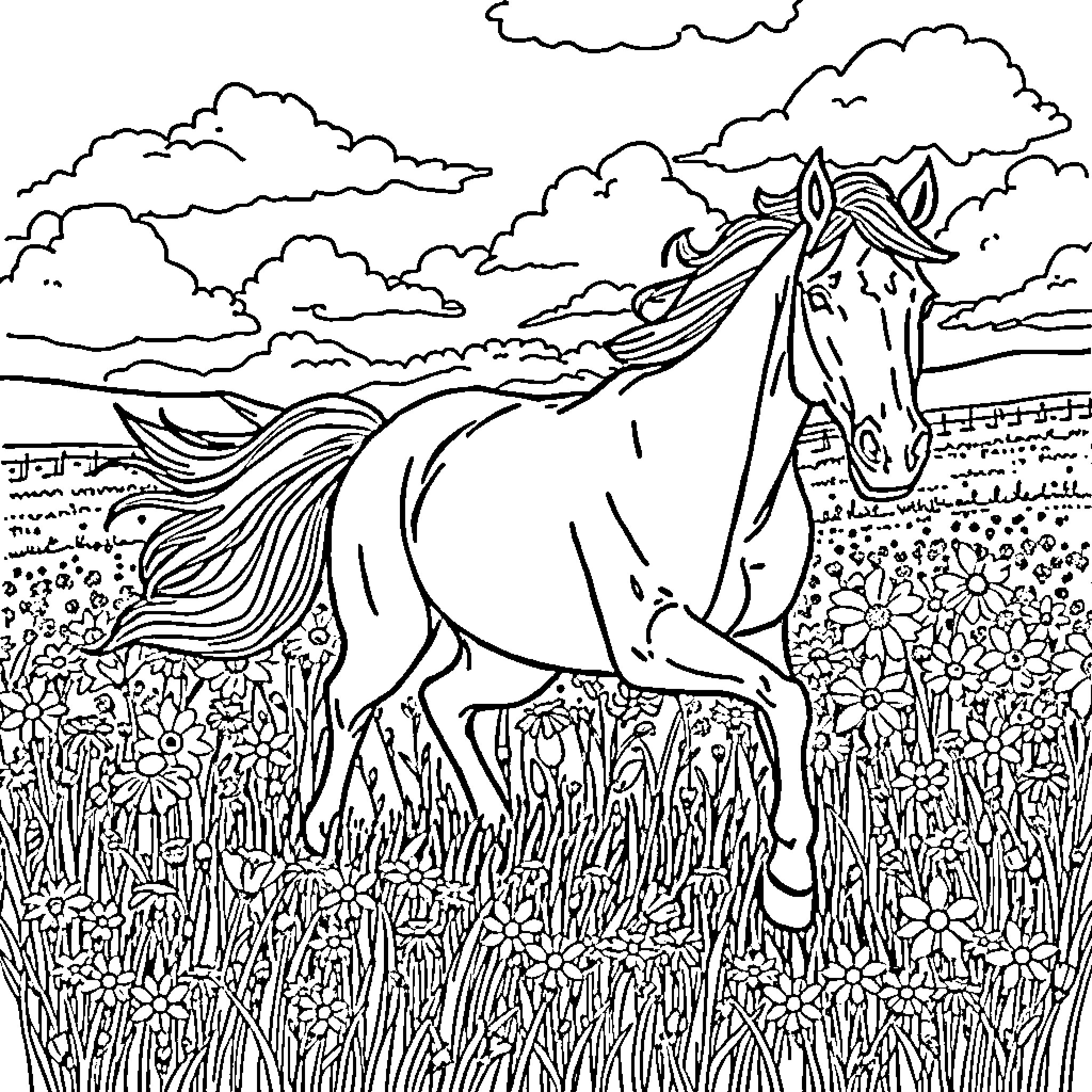 Horse galloping through a lush meadow Coloring Page (free black-and-white line drawing printable PDF for all, from beginners to advanced learners, including children, teens, adults, and seniors)