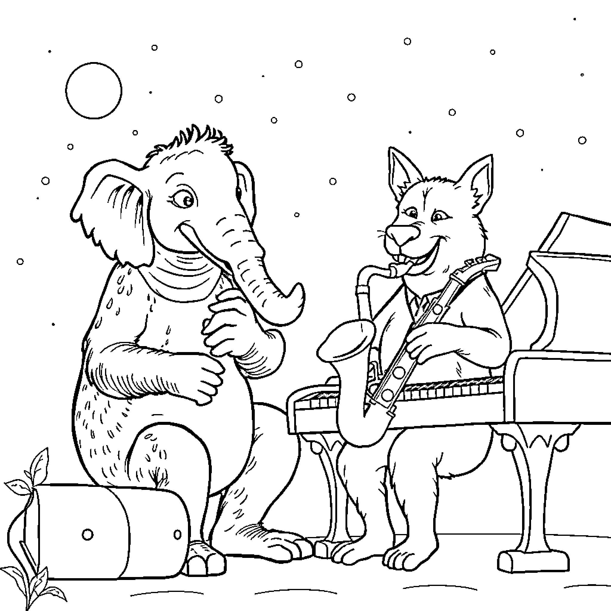 Elephant and dog playing music together Coloring Page (free black-and-white line drawing printable PDF for all, from beginners to advanced learners, including children, teens, adults, and seniors)