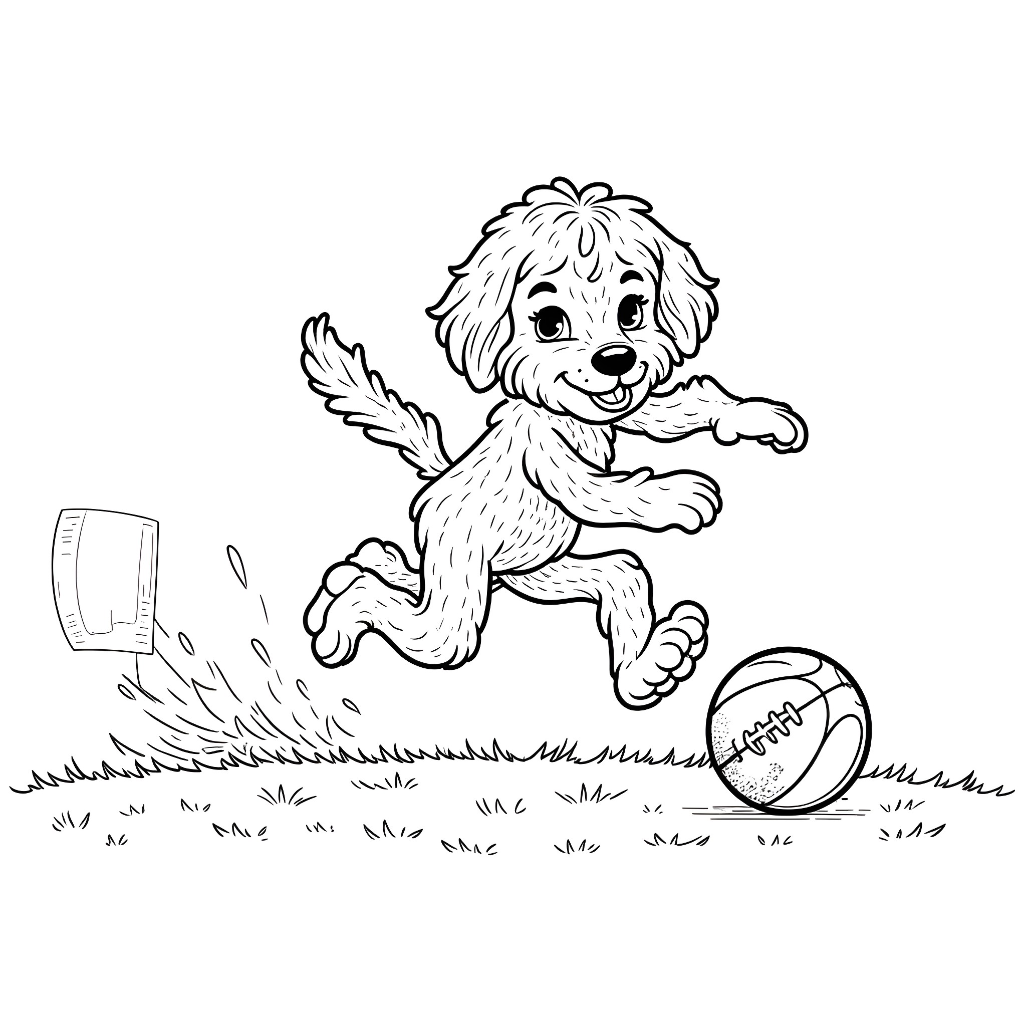 Doodle of a playful puppy chasing a ball Coloring Page (free black-and-white line drawing printable PDF for all, from beginners to advanced learners, including children, teens, adults, and seniors)