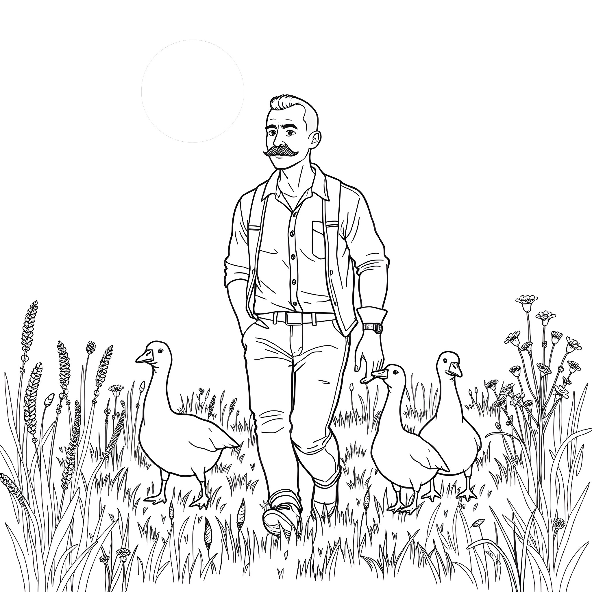 Man walking with ducks in the field Coloring Page (free black-and-white line drawing printable PDF for all, from beginners to advanced learners, including children, teens, adults, and seniors)