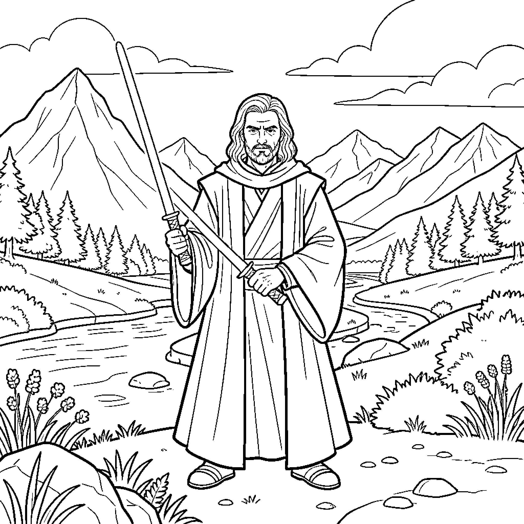 Obi Wan Kenobi standing with determination in the mountains Coloring Page (free black-and-white line drawing printable PDF for all, from beginners to advanced learners, including children, teens, adults, and seniors)