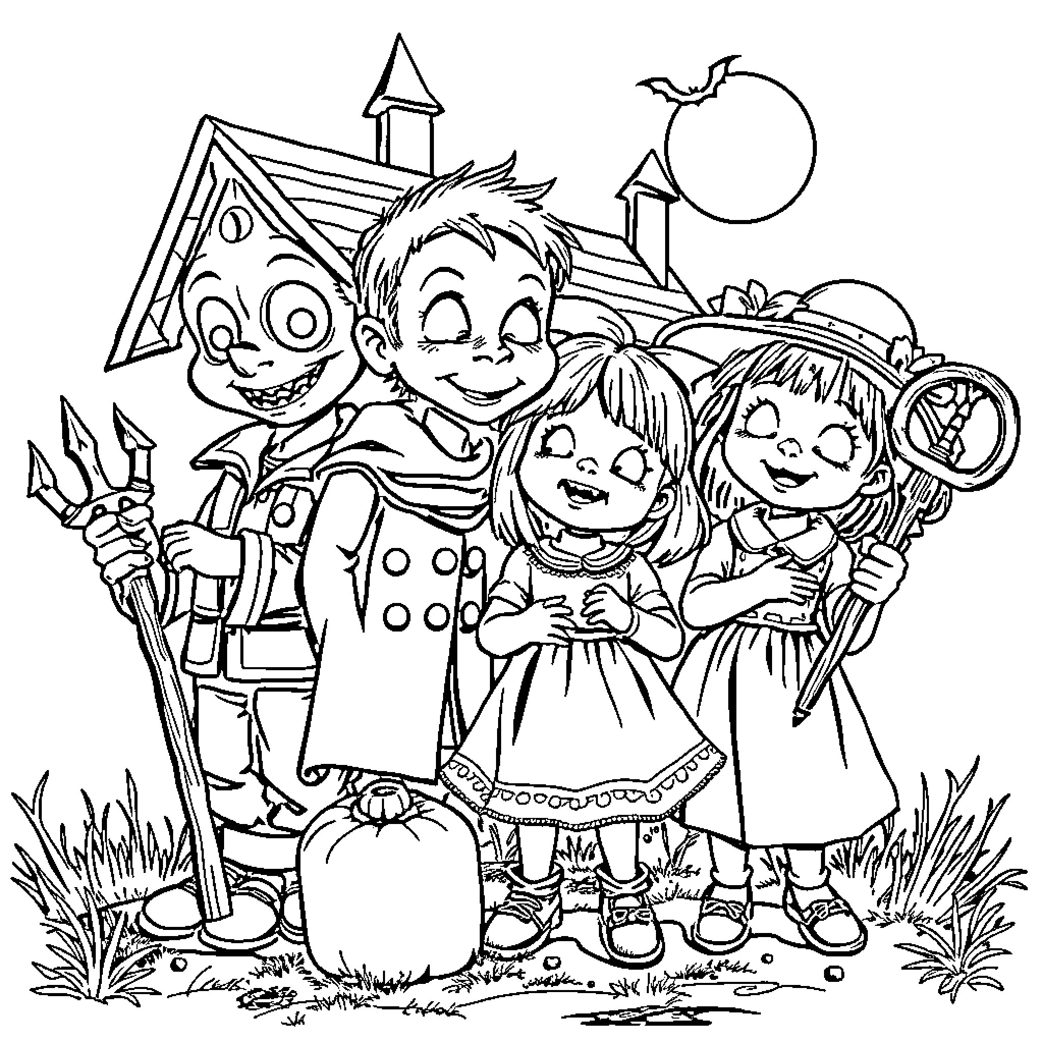 Kid Costumed Characters Celebrate Halloween Coloring Page (free black-and-white line drawing printable PDF for all, from beginners to advanced learners, including children, teens, adults, and seniors)