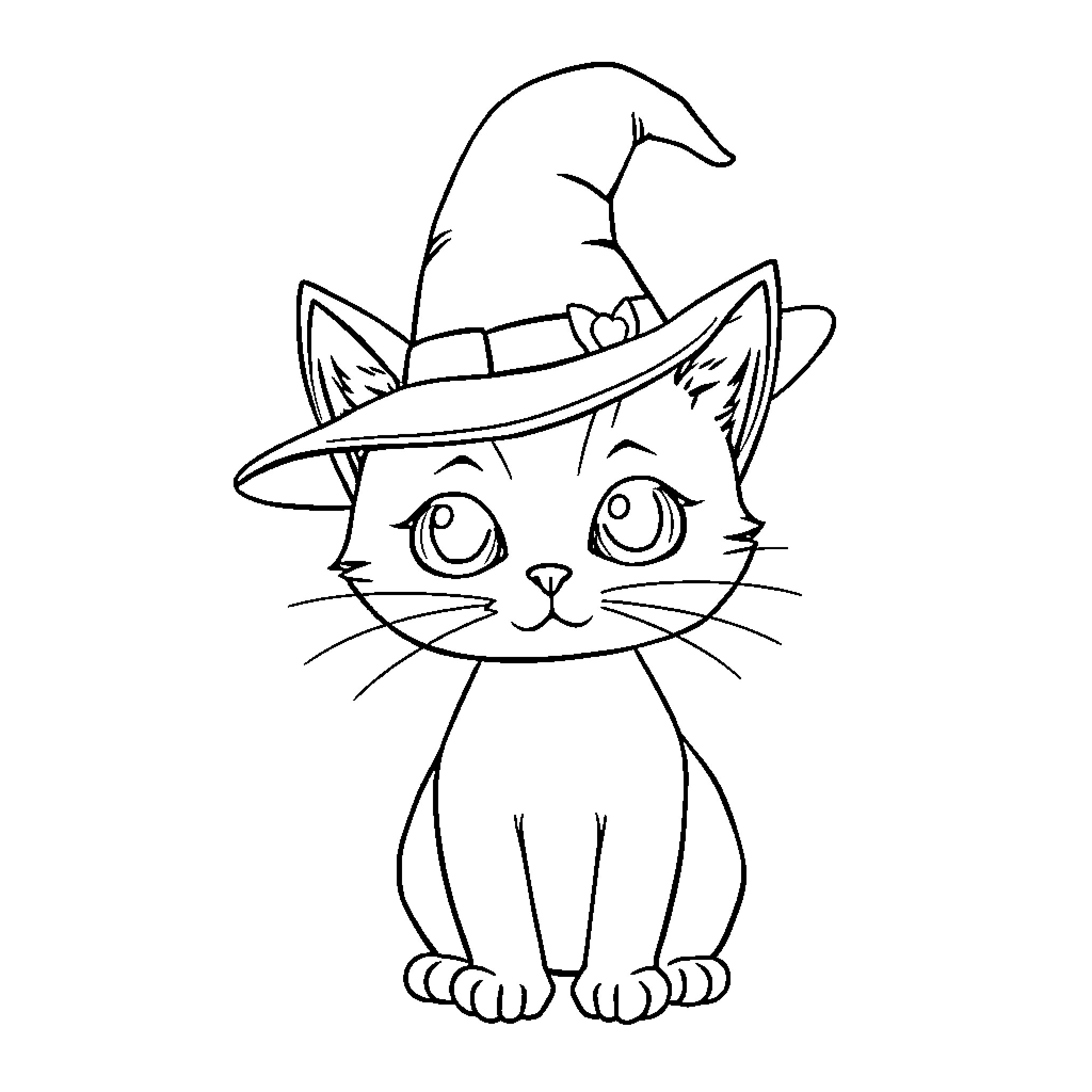 Cat wearing a witch hat Coloring Page (free black-and-white line drawing printable PDF for all, from beginners to advanced learners, including children, teens, adults, and seniors)