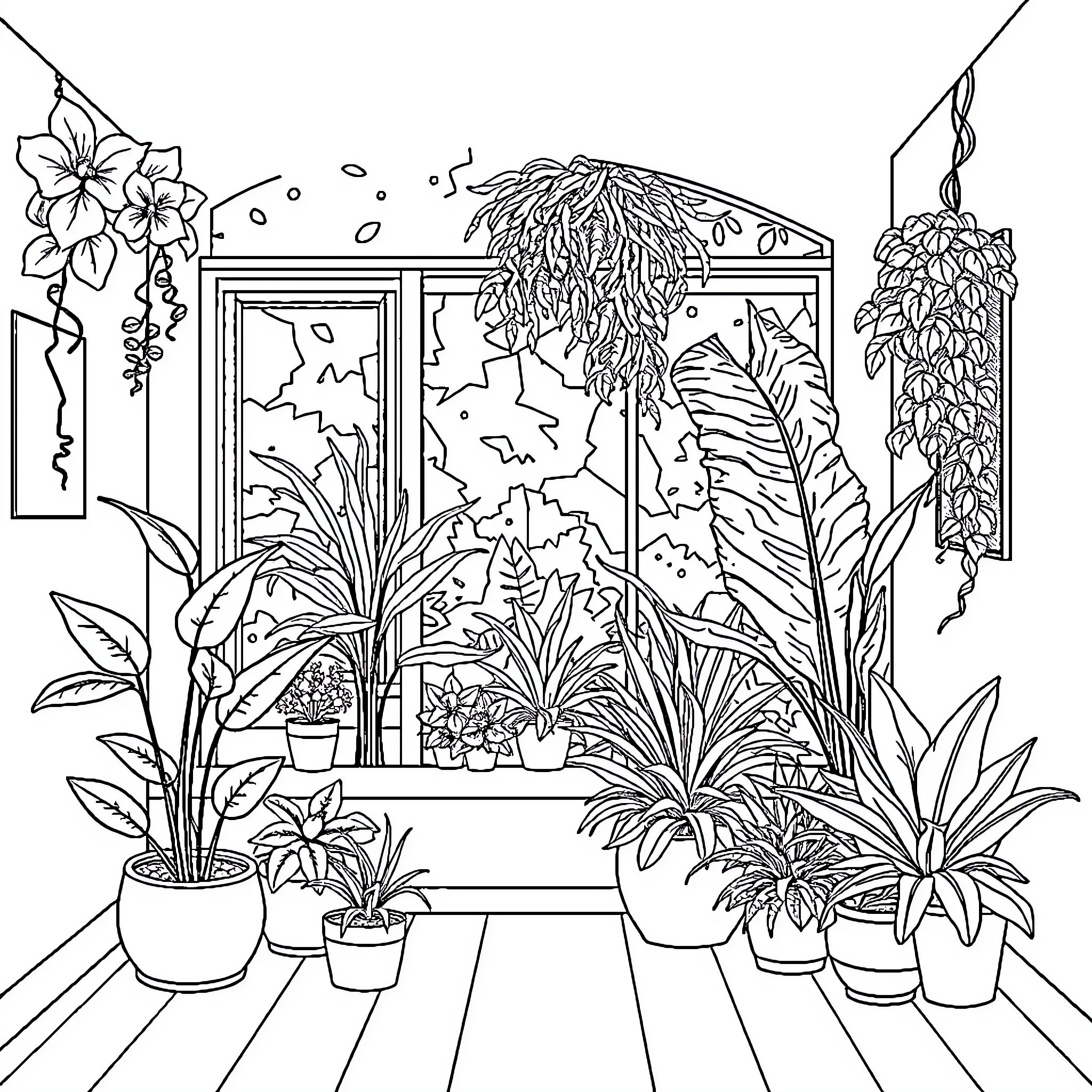 Biophilic Sanctuary of Lush Greenery and Blooms Coloring Page (free black-and-white line drawing printable PDF for all, from beginners to advanced learners, including children, teens, adults, and seniors)