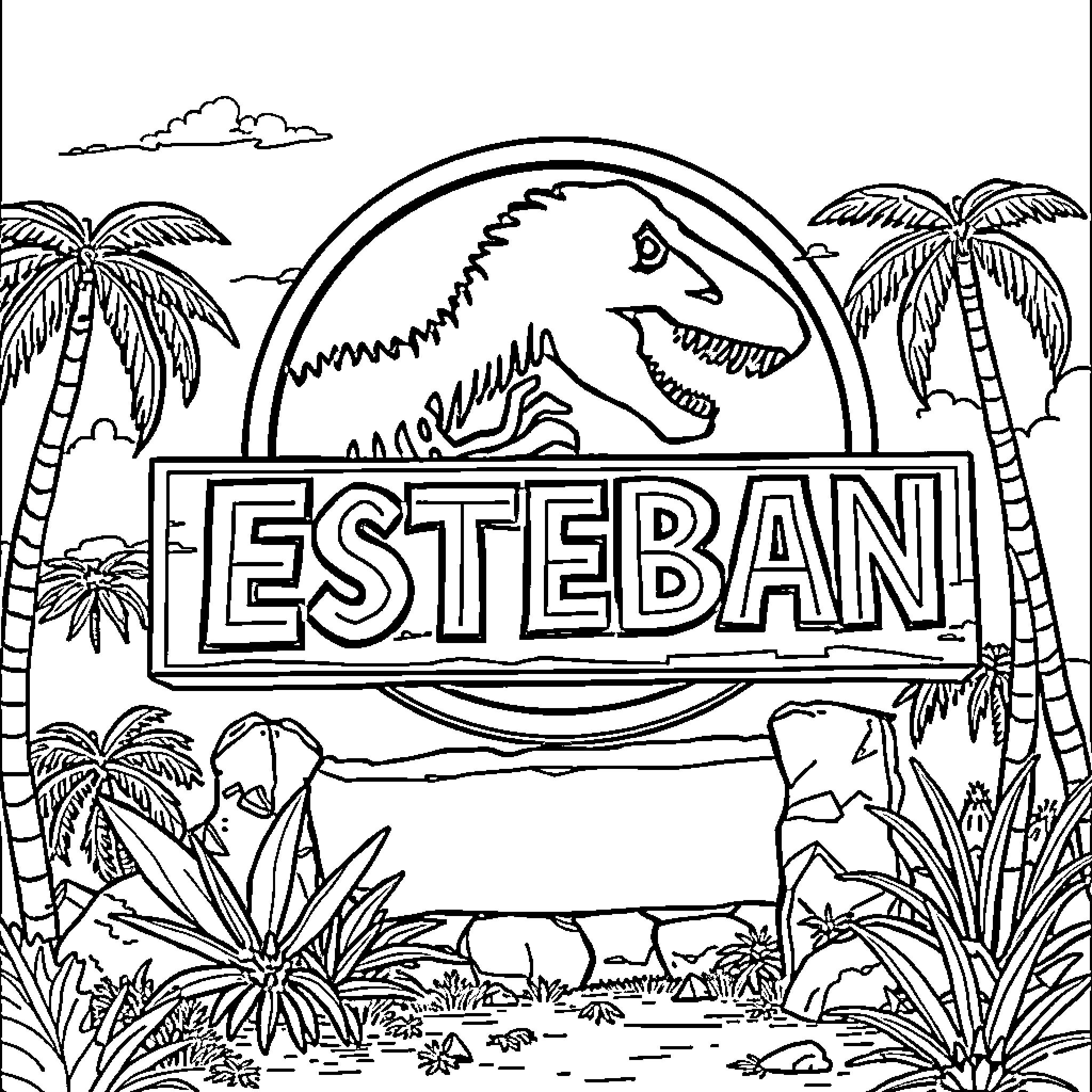 Jurassic World: Esteban in the Tropical Landscape Coloring Page (free black-and-white line drawing printable PDF for all, from beginners to advanced learners, including children, teens, adults, and seniors)