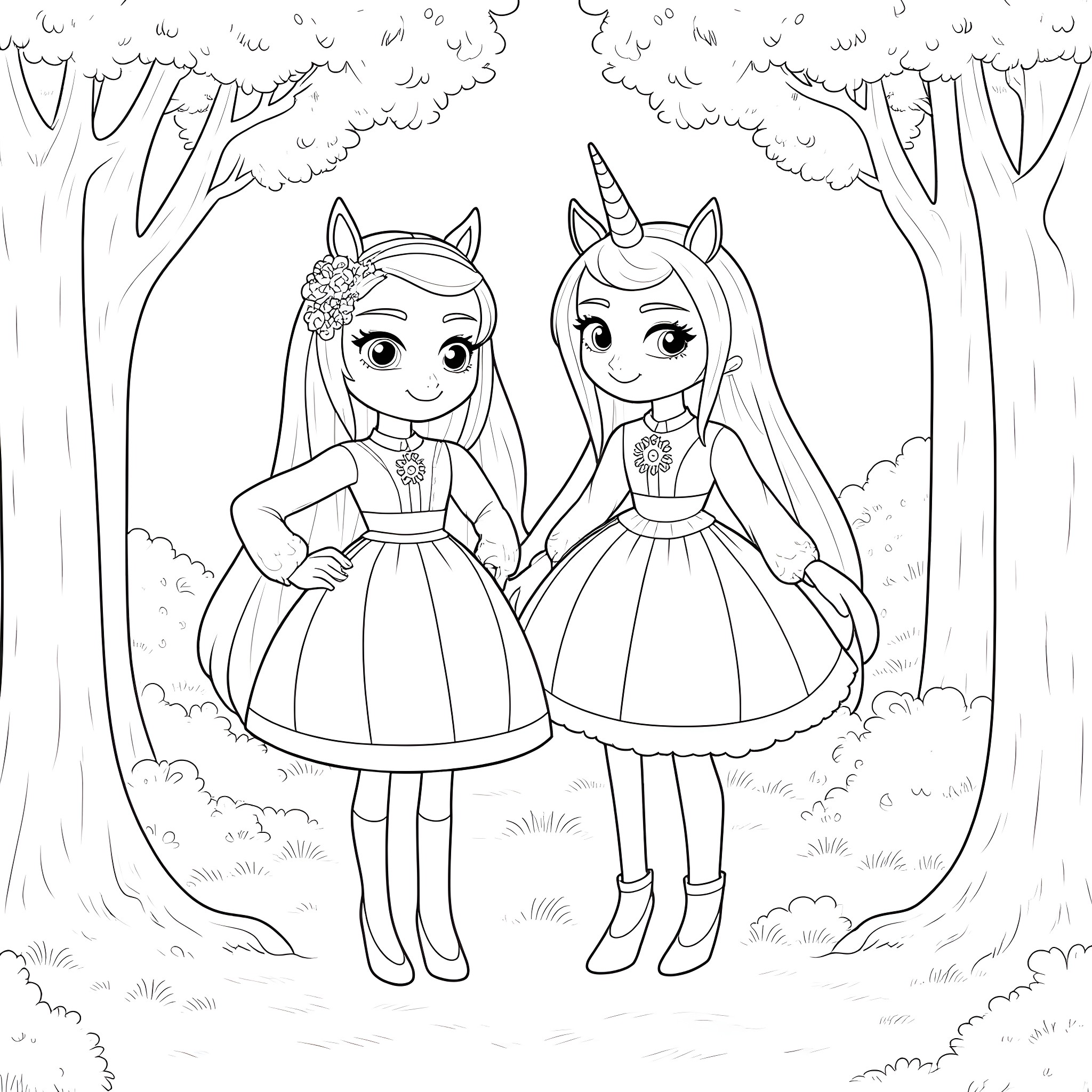 Unicorn friends explore the enchanted forest Coloring Page (free black-and-white line drawing printable PDF for all, from beginners to advanced learners, including children, teens, adults, and seniors)