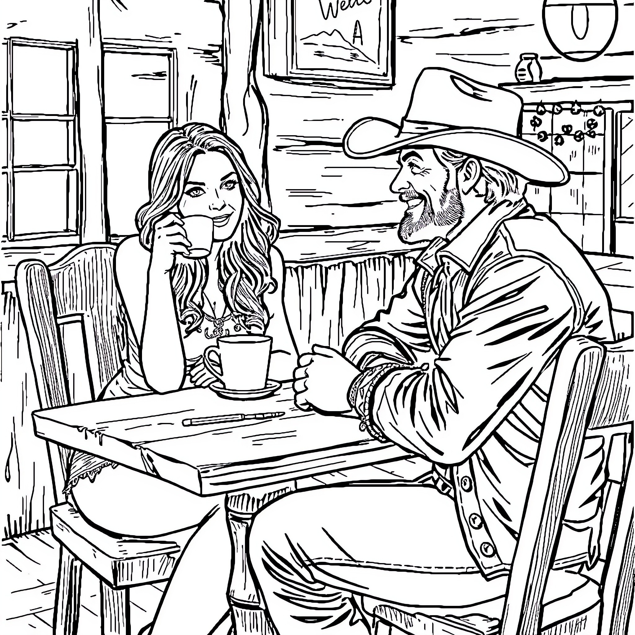 Wynonna Earp's Intimate Conversation in a Western Cafe Coloring Page (free black-and-white line drawing printable PDF for all, from beginners to advanced learners, including children, teens, adults, and seniors)
