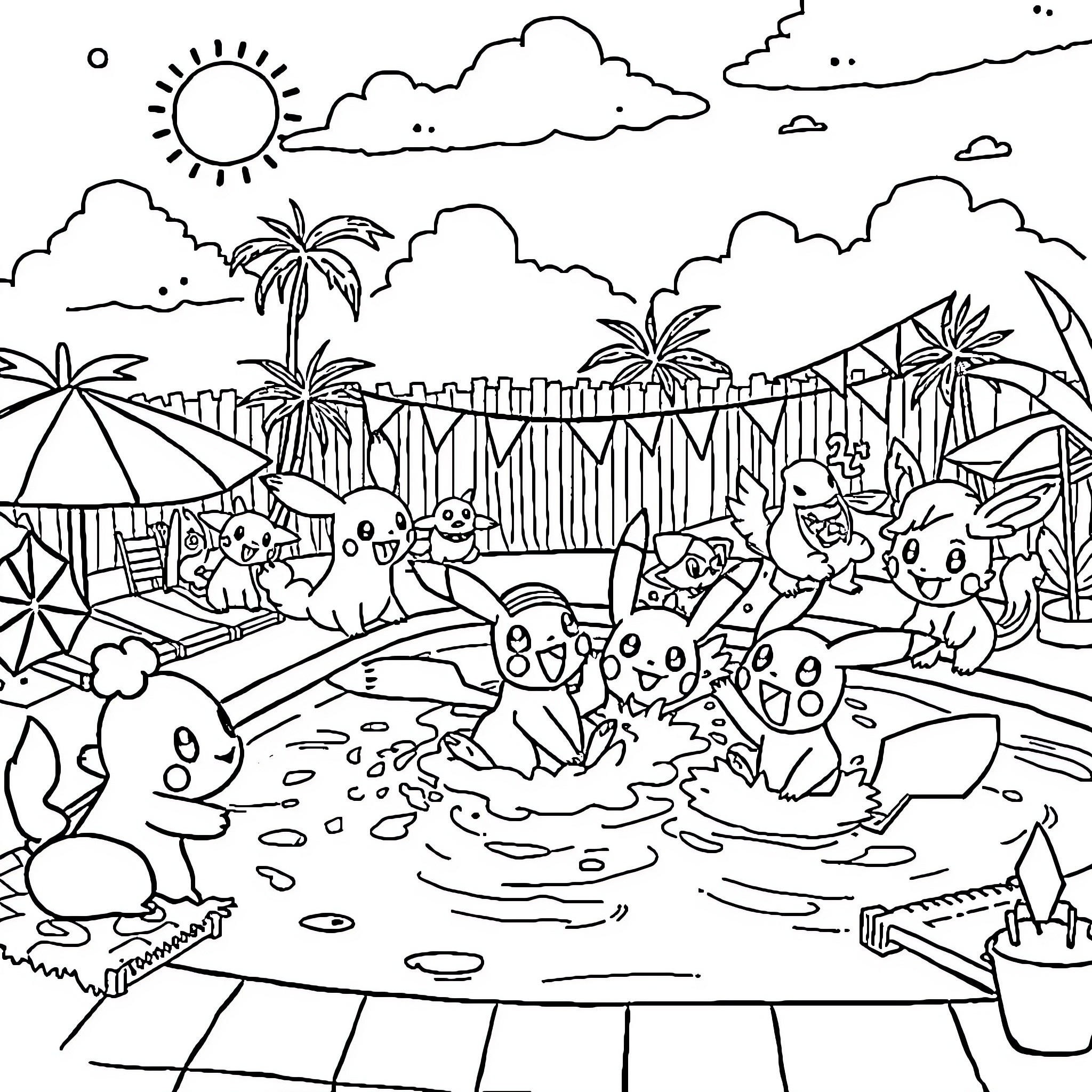 Pokémon characters playing in a tropical paradise Coloring Page (free black-and-white line drawing printable PDF for all, from beginners to advanced learners, including children, teens, adults, and seniors)