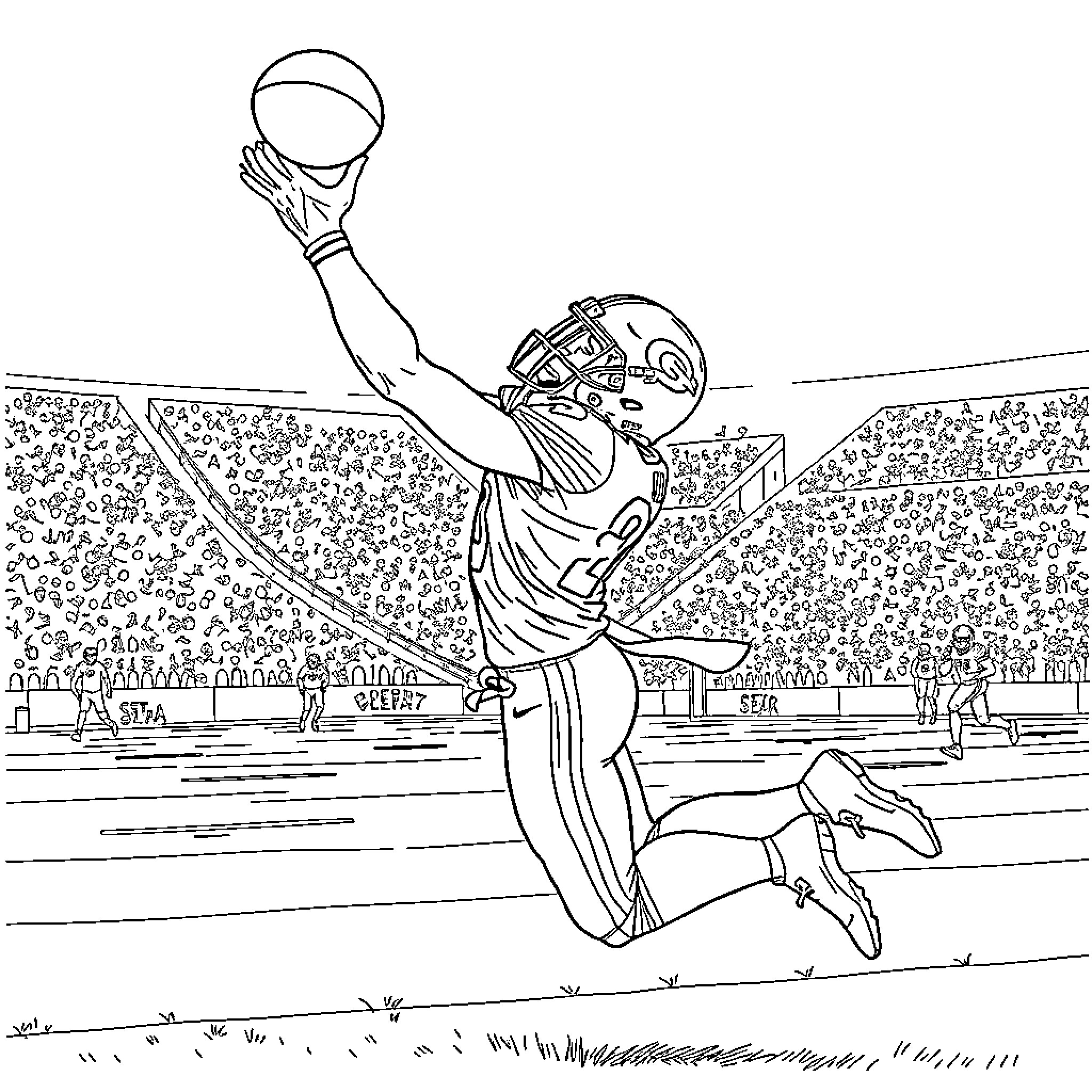 AJ Brown Making Spectacular Touchdown Catch Coloring Page (free black-and-white line drawing printable PDF for all, from beginners to advanced learners, including children, teens, adults, and seniors)