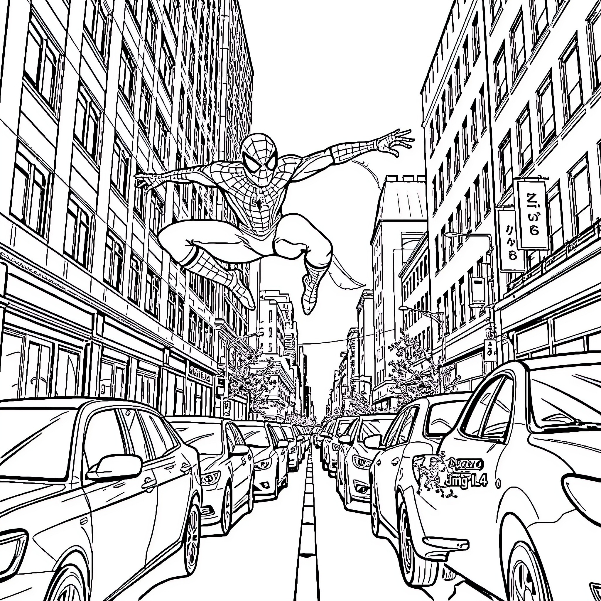 Spiderman swinging through the bustling city streets Coloring Page (free black-and-white line drawing printable PDF for all, from beginners to advanced learners, including children, teens, adults, and seniors)