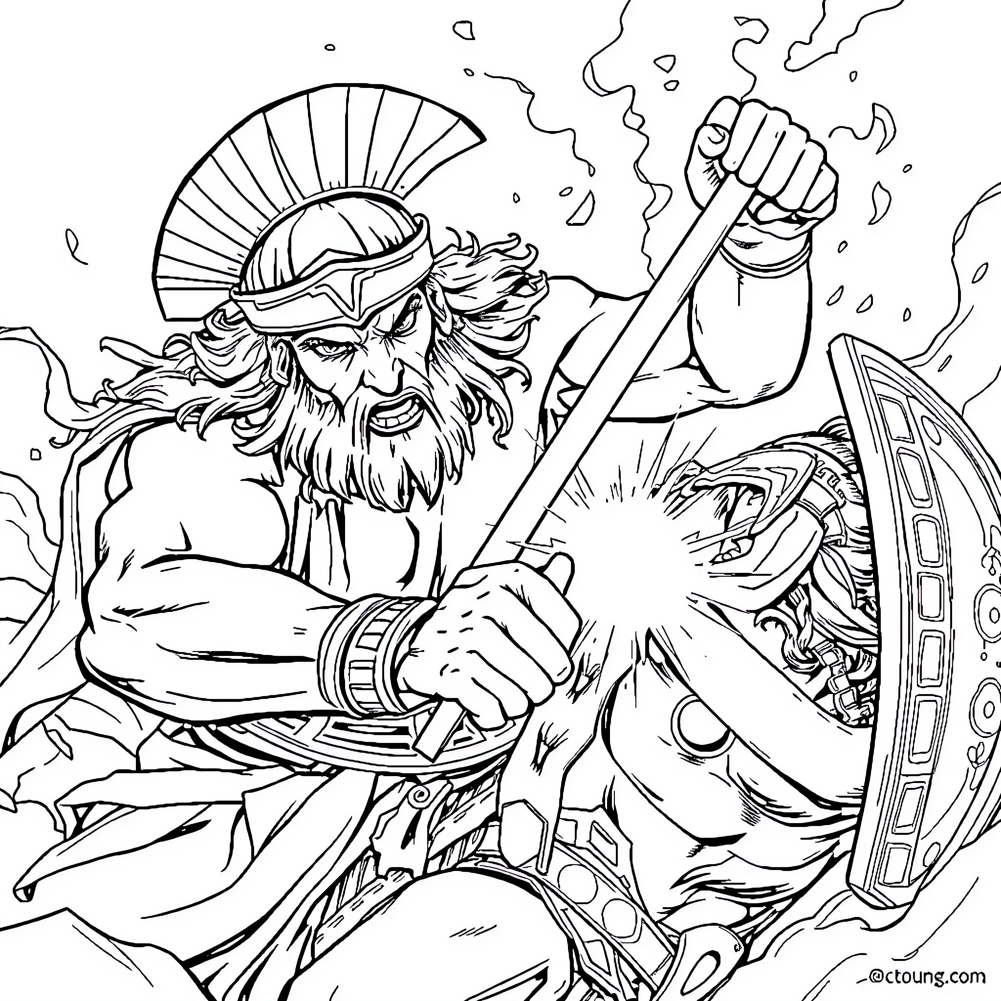 Achilles Wielding Mighty Sword in Fierce Battle Coloring Page (free black-and-white line drawing printable PDF for all, from beginners to advanced learners, including children, teens, adults, and seniors)