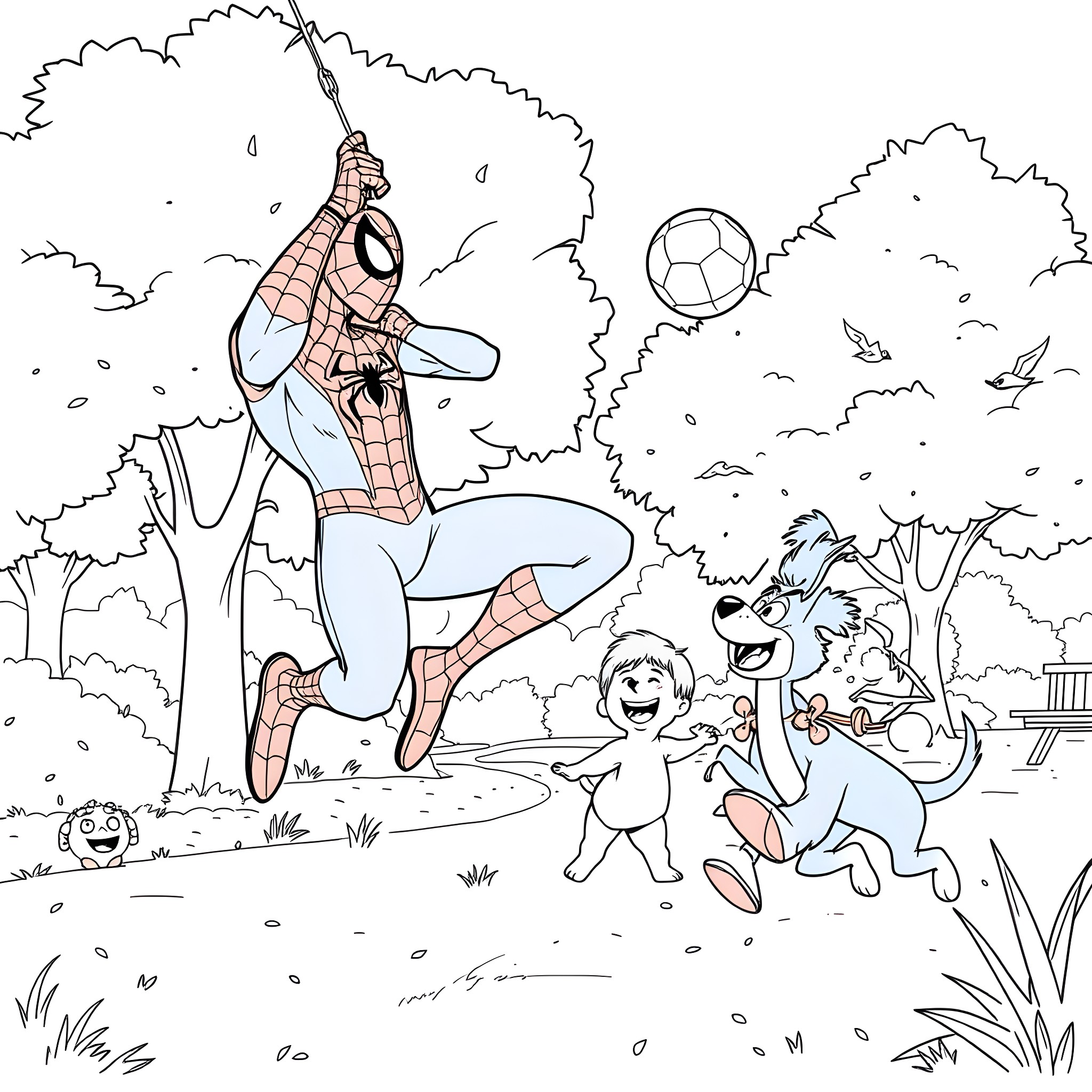 Spider-Man swinging with kids playing in the park Coloring Page (free black-and-white line drawing printable PDF for all, from beginners to advanced learners, including children, teens, adults, and seniors)