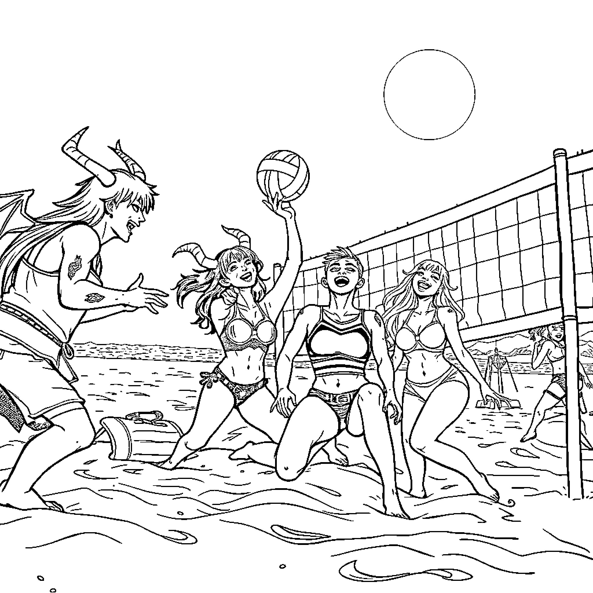 Demon Hunter's Beach Volleyball Match Coloring Page (free black-and-white line drawing printable PDF for all, from beginners to advanced learners, including children, teens, adults, and seniors)