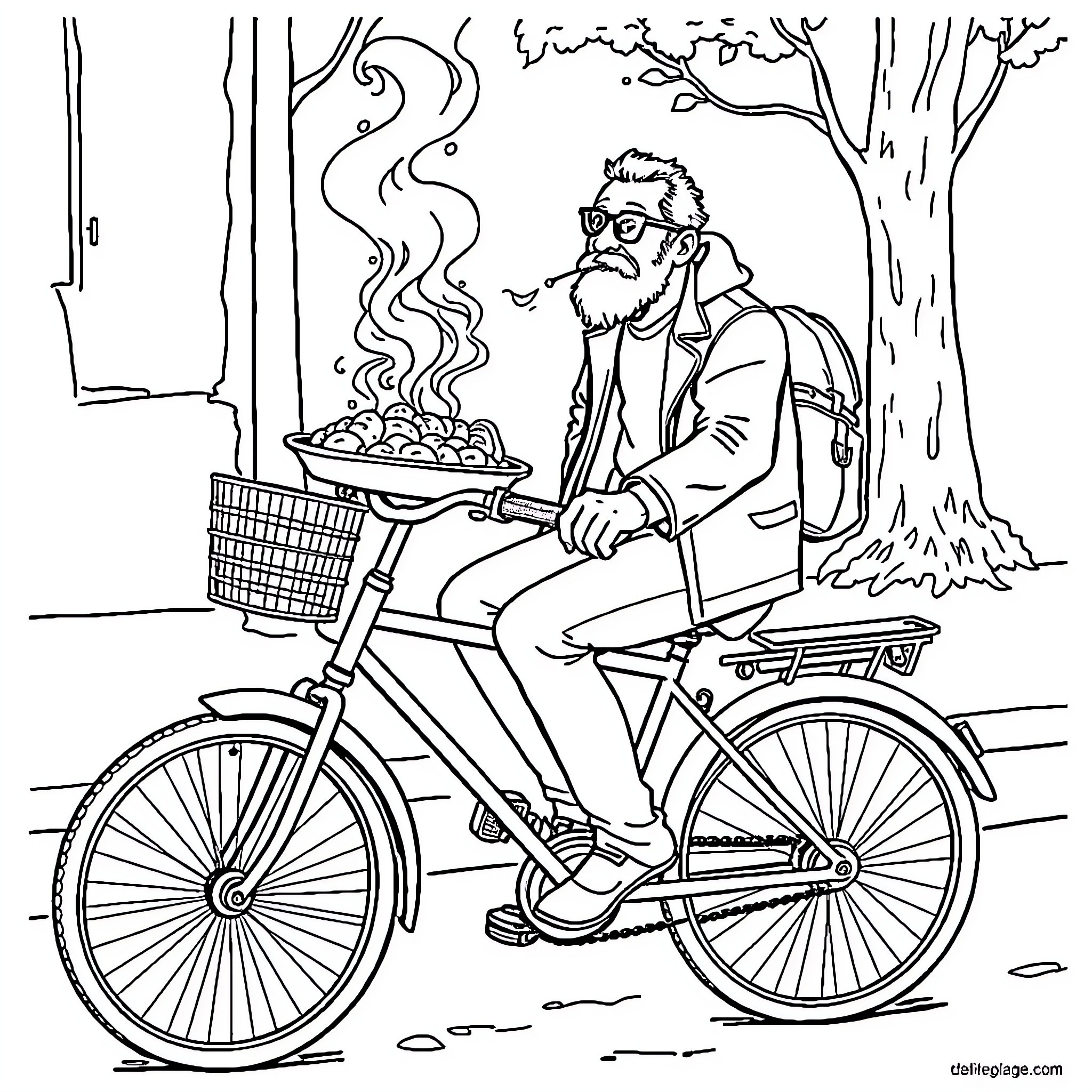 Cassoulet - Man Transporting Dish on Bicycle Coloring Page (free black-and-white line drawing printable PDF for all, from beginners to advanced learners, including children, teens, adults, and seniors)