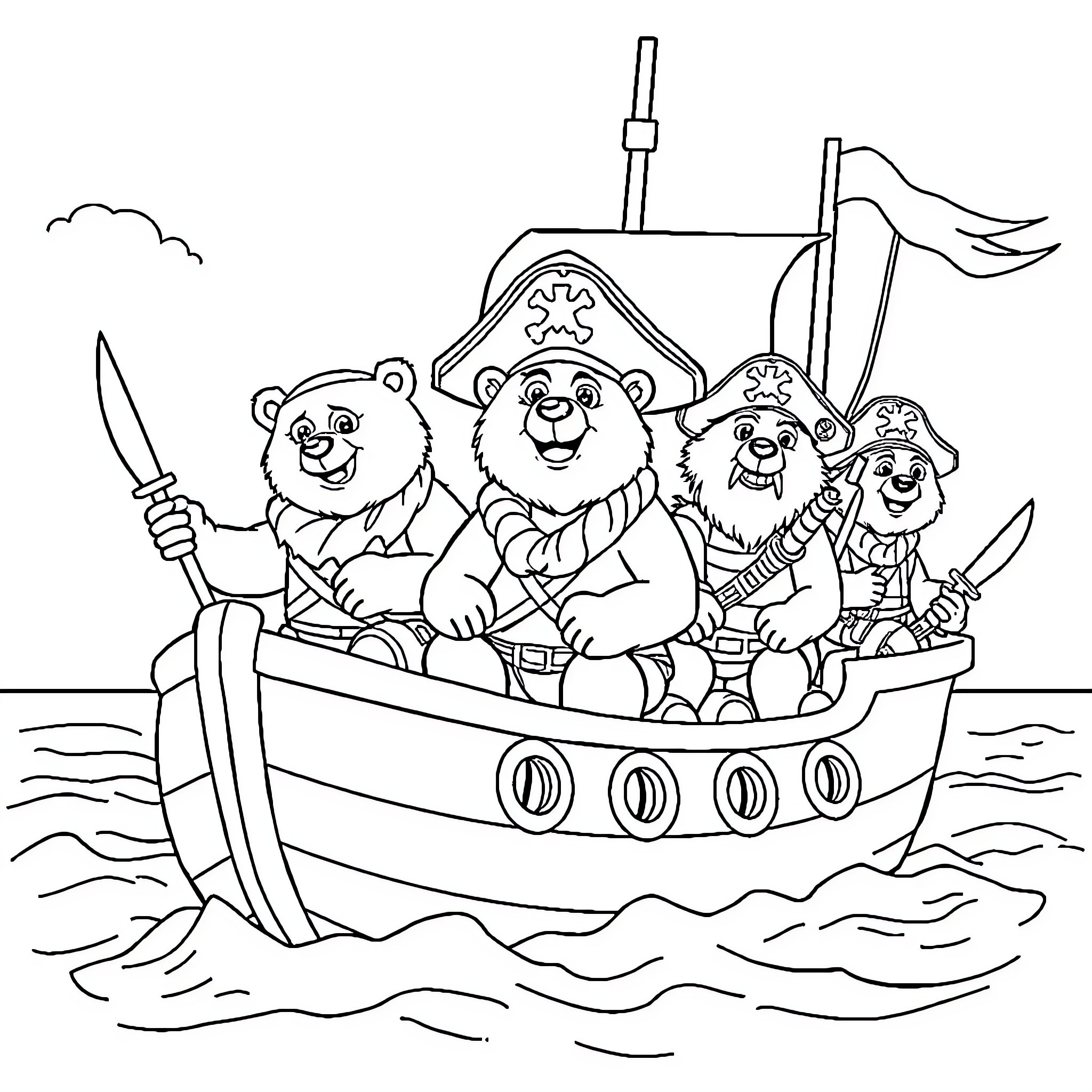 Bear pirates on a pirate ship Coloring Page (free black-and-white line drawing printable PDF for all, from beginners to advanced learners, including children, teens, adults, and seniors)