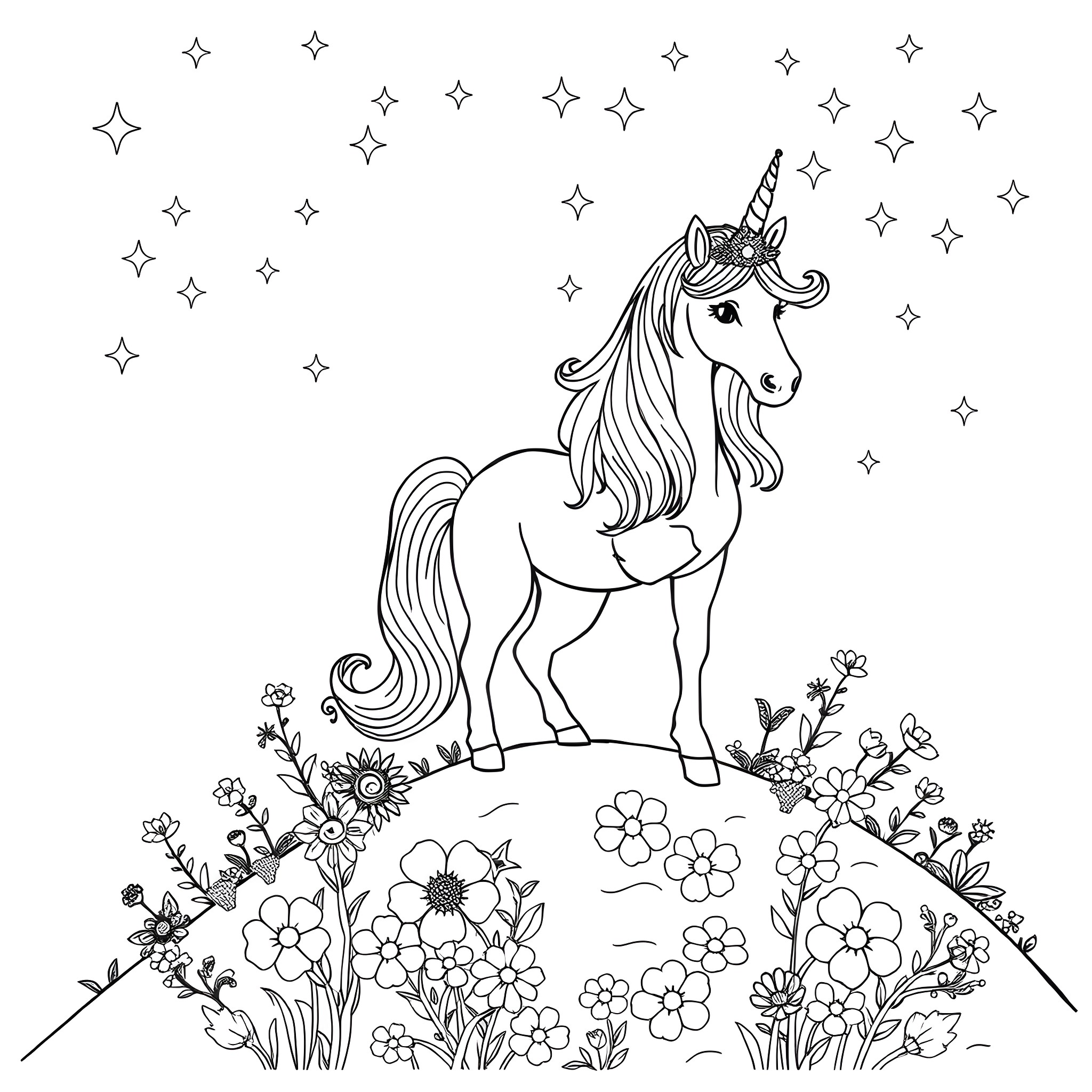 Unicorn standing amidst a field of flowers under the starry sky Coloring Page (free black-and-white line drawing printable PDF for all, from beginners to advanced learners, including children, teens, adults, and seniors)
