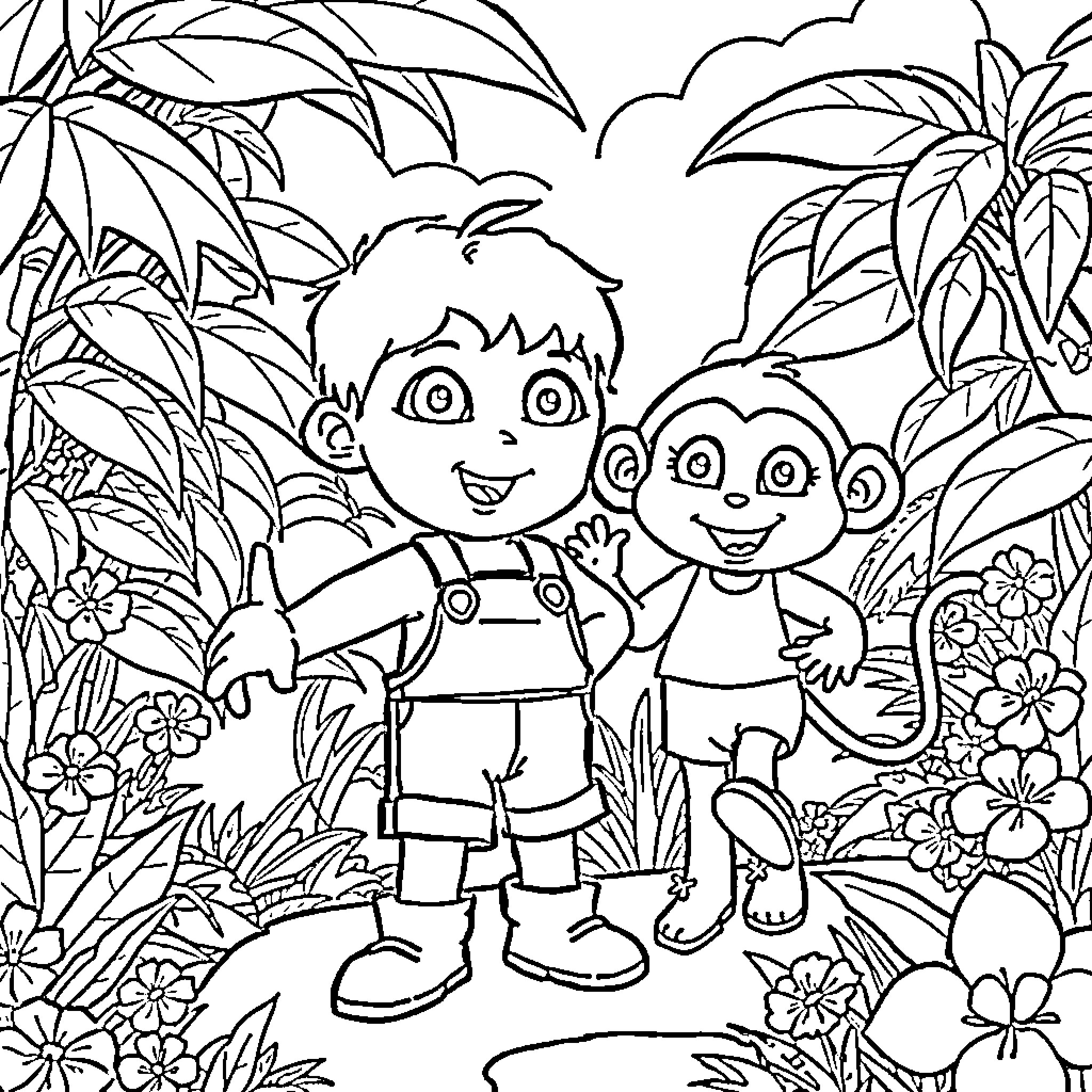 Chucky Encounters a Friendly Companion in the Wilderness Coloring Page (free black-and-white line drawing printable PDF for all, from beginners to advanced learners, including children, teens, adults, and seniors)
