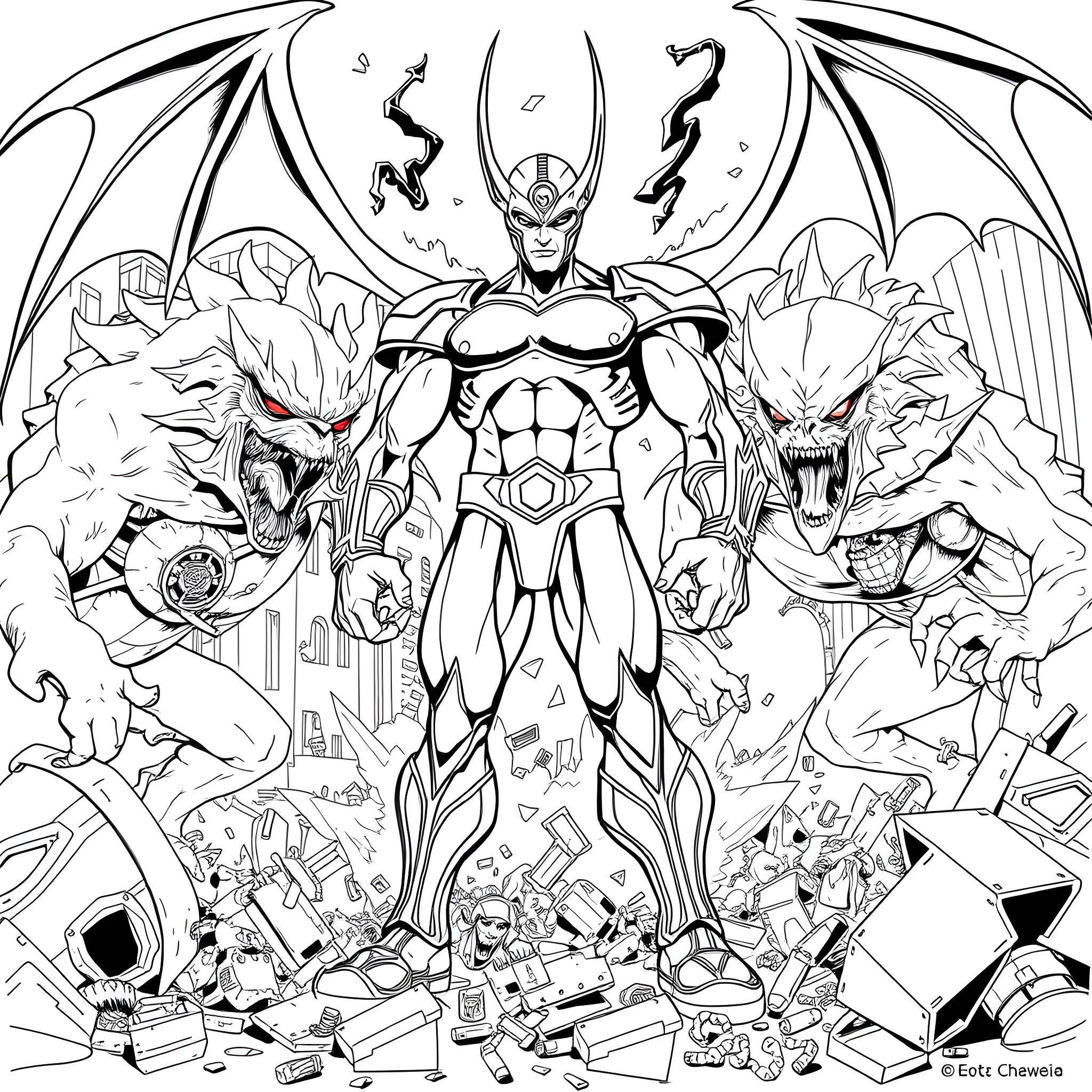 Guyver: Heroic Cyborg in Confrontation Coloring Page (free black-and-white line drawing printable PDF for all, from beginners to advanced learners, including children, teens, adults, and seniors)