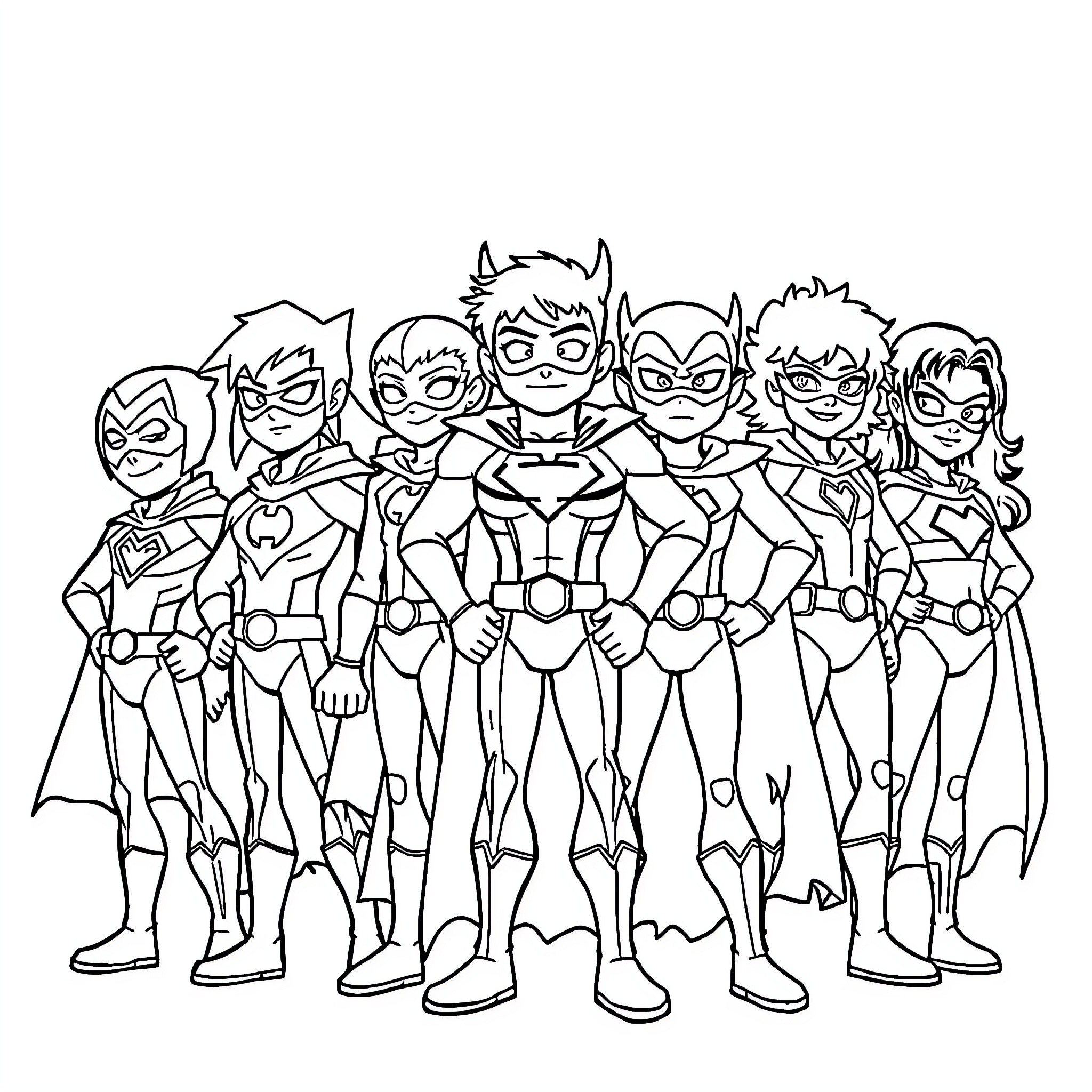 Hero team assembling for action in heroic outfits Coloring Page (free black-and-white line drawing printable PDF for all, from beginners to advanced learners, including children, teens, adults, and seniors)