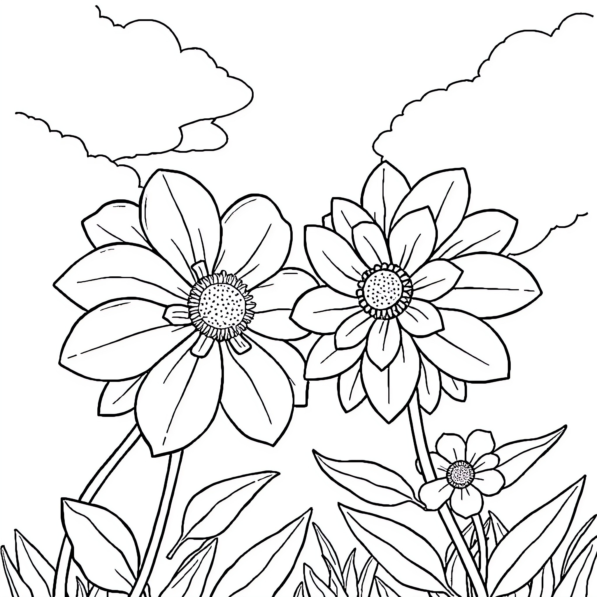 Flower garden scene with blooming flowers Coloring Page (free black-and-white line drawing printable PDF for all, from beginners to advanced learners, including children, teens, adults, and seniors)