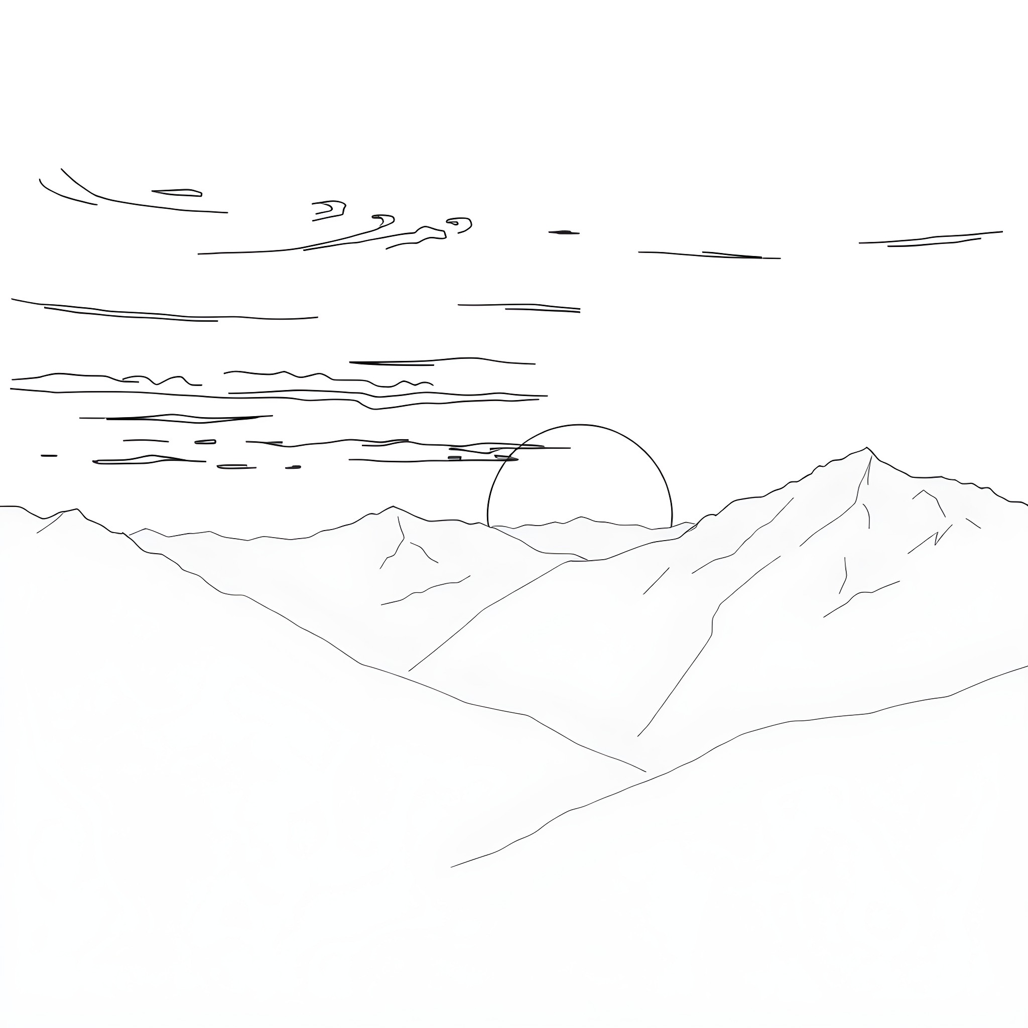 Mountain Landscape with Rising Sun Coloring Page (free black-and-white line drawing printable PDF for all, from beginners to advanced learners, including children, teens, adults, and seniors)